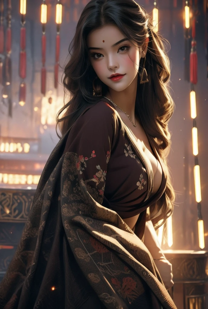 a beautiful japanese woman wearing an ornate kimono with intricate embroidery, extremely large breasts, dark lighting, cinematic, artistic composition, looking at viewer, masterpiece, ultra-detailed, 8k, photorealistic, chiaroscuro lighting, elegant, refined, graceful, serene, mystical, atmospheric