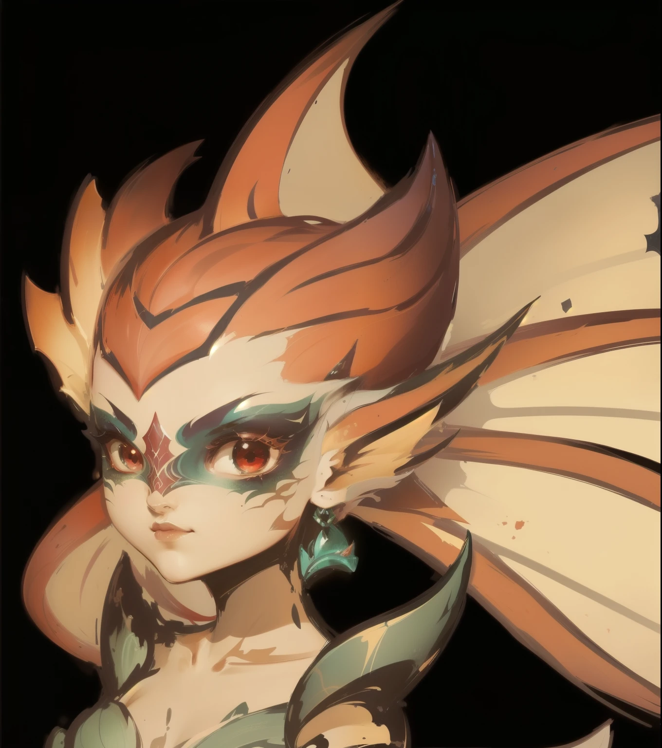 Mermaid cartoon image，Mermaid head and fins,Red eyes，（No nose：1.5），Scales,Character portrait concept art, Character Art Close-up, League of Legends Avatar，Diablo concept art