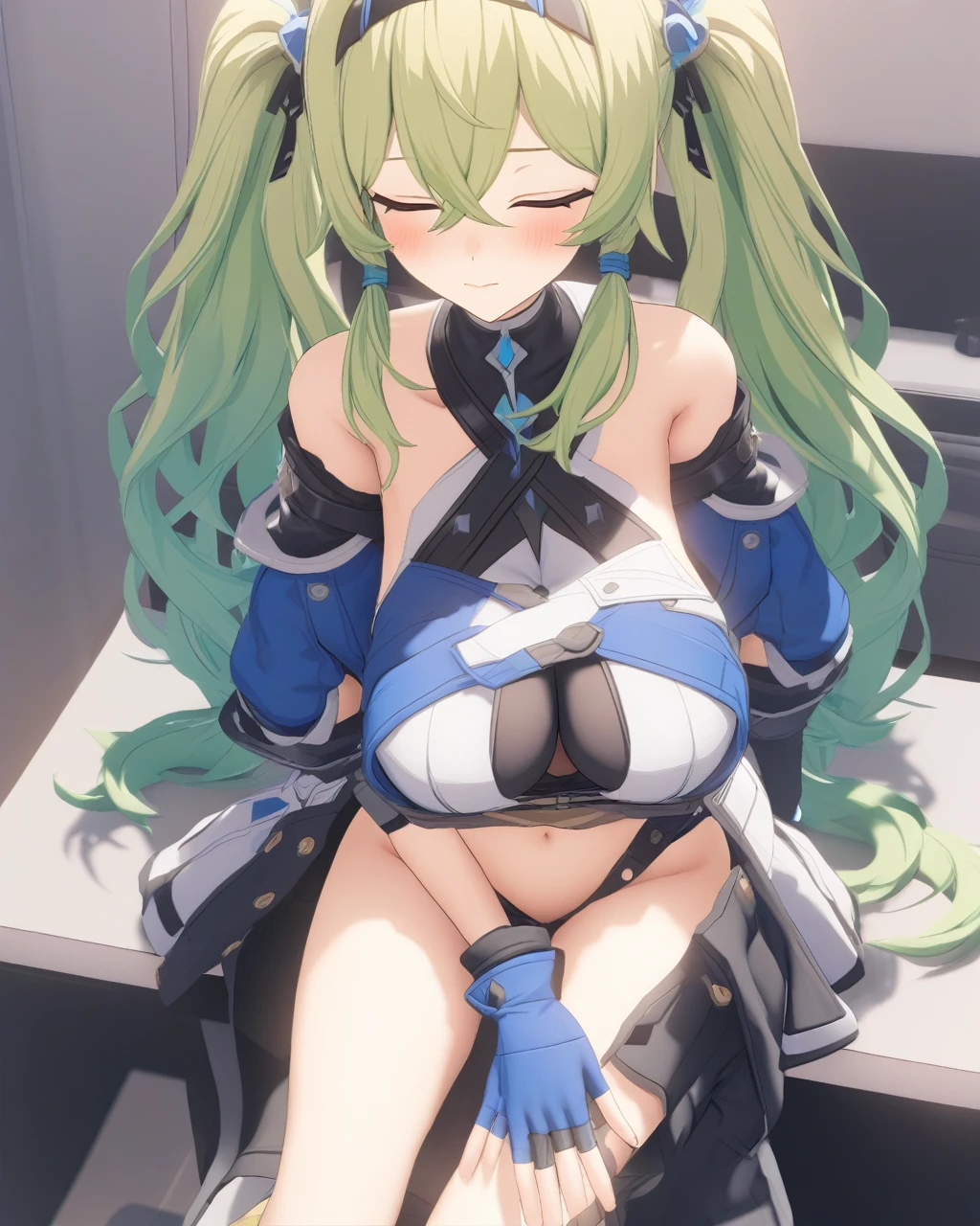 masterpiece, best qualityï¼ ï¼mmd, 1girl, solo, closed eyes, gloves, breasts, twintails, fingerless gloves, navel, bangs, blonde hair, hair ornament, green hair, black gloves, closed mouth, hair between eyes, jacket, long hair, letterboxed, blue gloves, blush, sitting, hairband, bare shoulders, indoors, large breasts, long sleeves