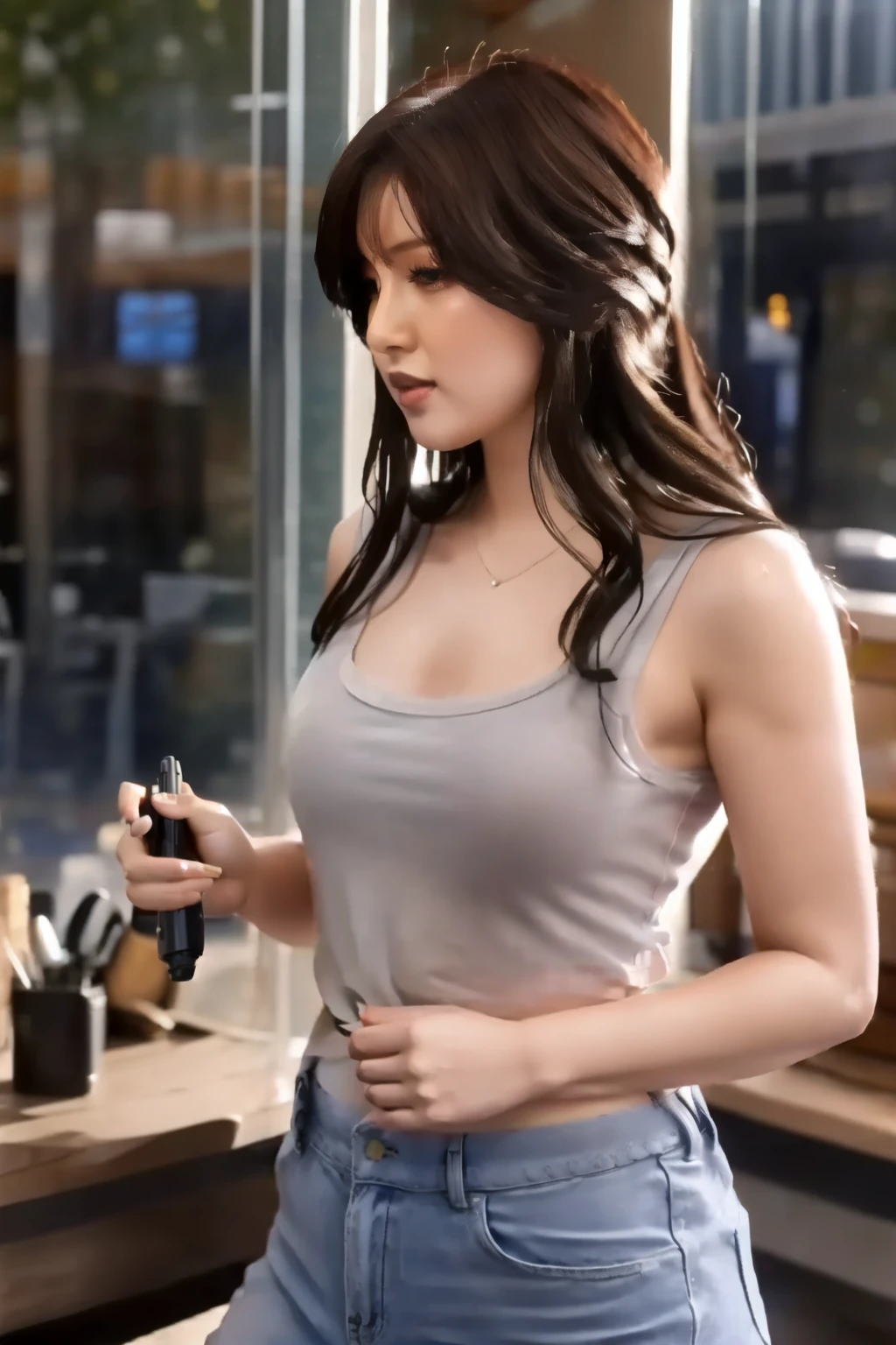 Cher, ponytail, Tank top, Wear clothes around your waist, cleaning a ポータル gun at a workbench, Bright morning sun shining through the window (zrpg style) (masterpiece:1.2) (figure:1.2) (Best Quality:1.2) (detailed) (Complex) (8k) (High resolution) (Cinematic Lighting) (Sharp focus)