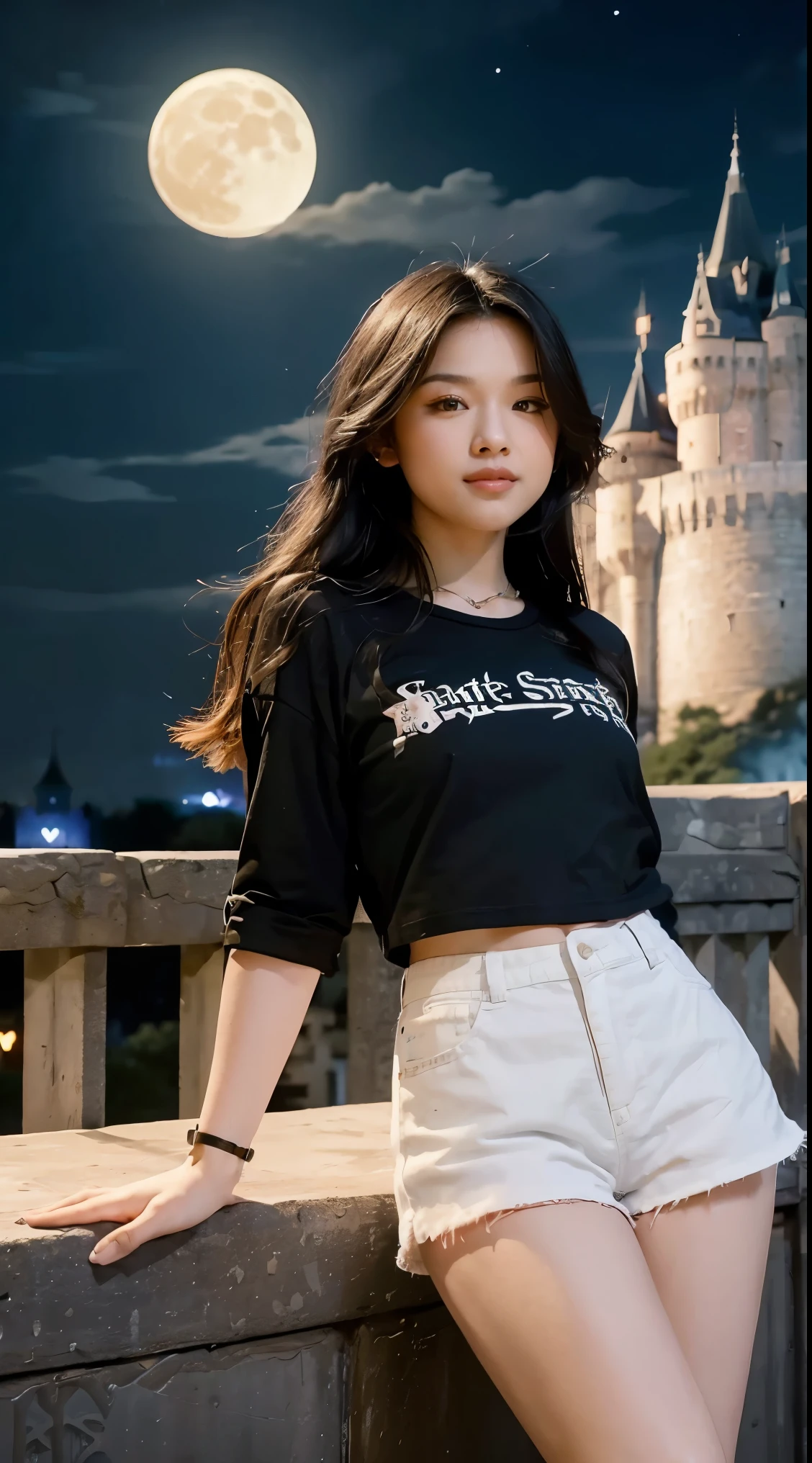 Highly detailed, High Quality, Masterpiece, beautiful, 1girl, solo, black hair, long hair, red eyes, shirt, white shirt, shorts, short shorts, black shorts, cloud, moon, Hogwarts, (castle hill:1.4), night sky, stand on street, shooting star, (strong pose:1.4), looking at viewer, seductive smile, cowboy shot,