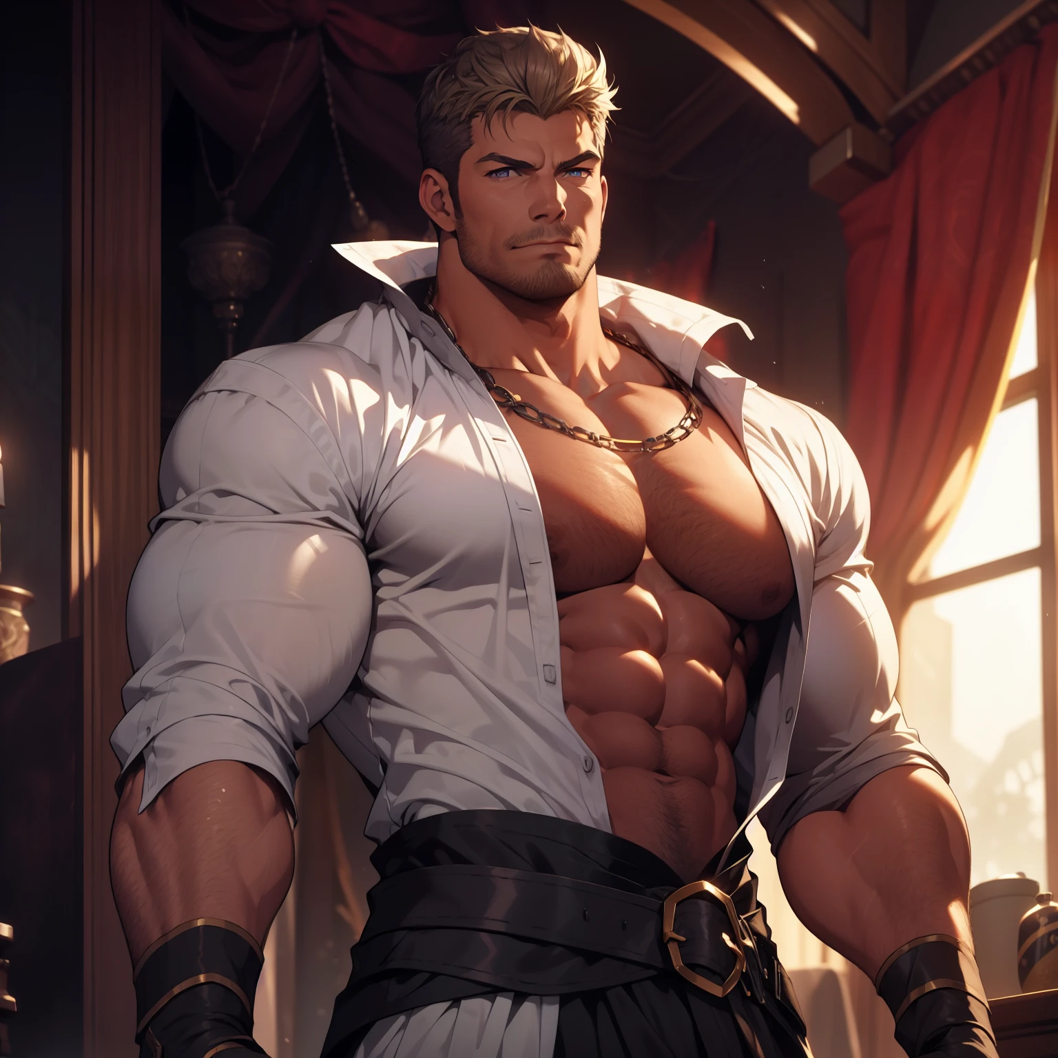 Strong middle-aged prince, alpha male, Fat muscles, Very detailed face, Detailed eyes, majestic lord, Muscular breasts without clothes, Gaze at the viewer, momentum, Bright purple eyes, short white hair, He is very serious, Wonderful and detailed masterpiece, Beautiful cinematic light deep focus, chic, digital painting, Smooth ass, sharp focus, Golden Ratio Dramatic Lighting, pectoralis major,More chest hair【8k, Pixiv, only