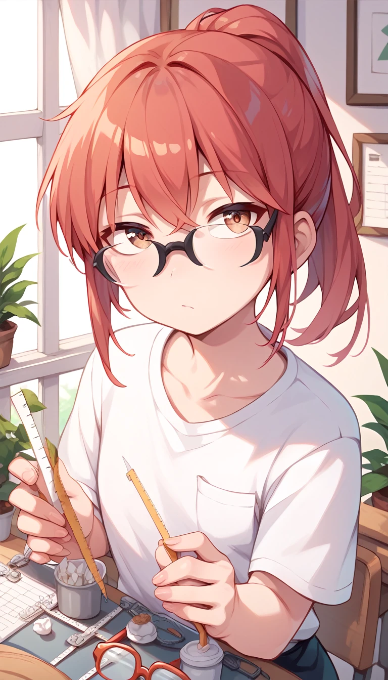 Kobayashi, glasses, bright red hair that is always tied in a ponytail with loose bangs, Hazel eyes, measurements are: B70/W60/H70, 