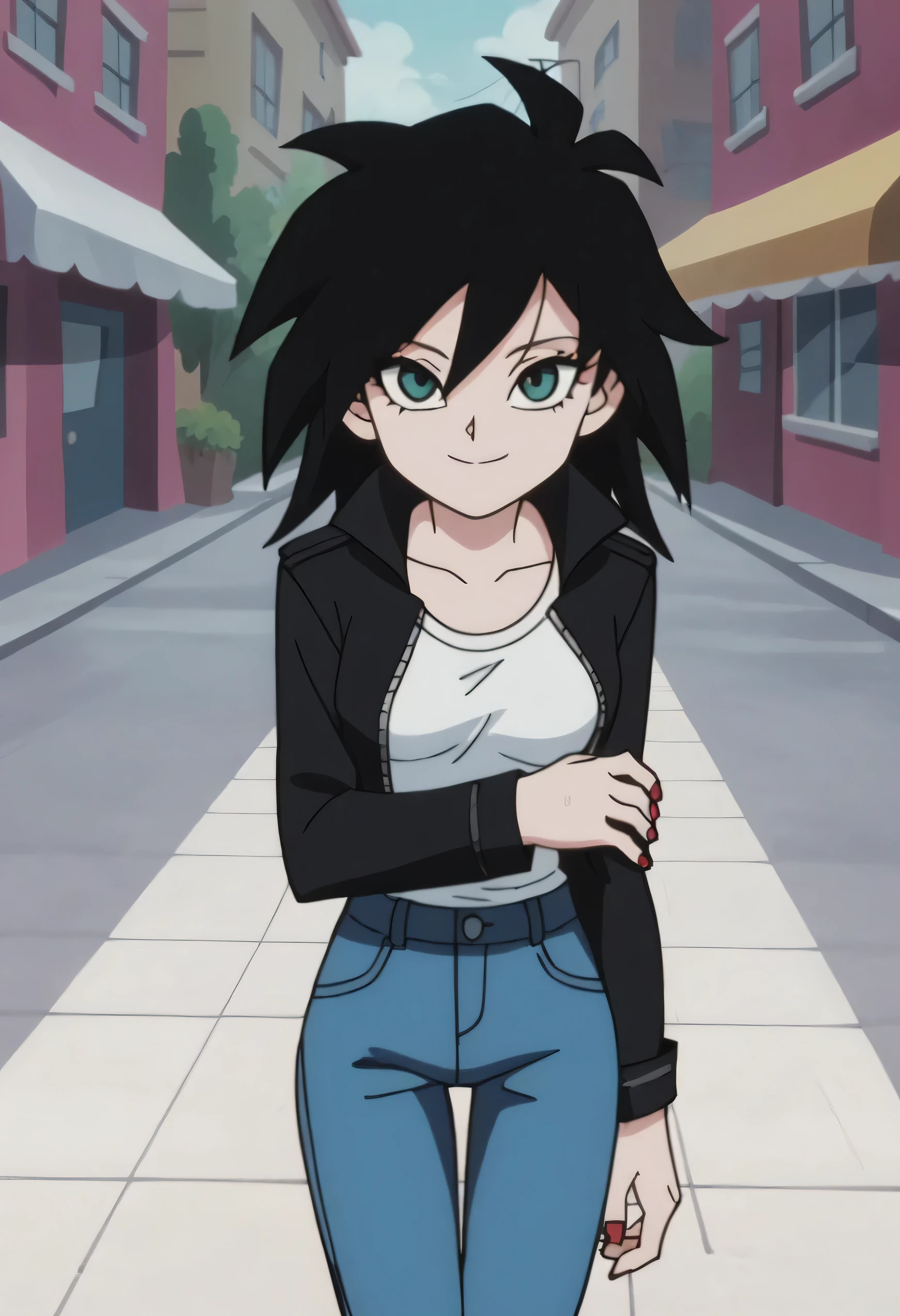 p&s style, rating_safe, score_10, sharp, anime screencap, flat shadows, flat colors, gine, 1girl, solo, breasts, looking at viewer, black hair, long sleeves, arms by side, upper body, outdoors, green eyes, happy, black spiked hair, street, leather jacket, white shirt, smile, blue jeans, red fingernails, eyelashes, collarbone