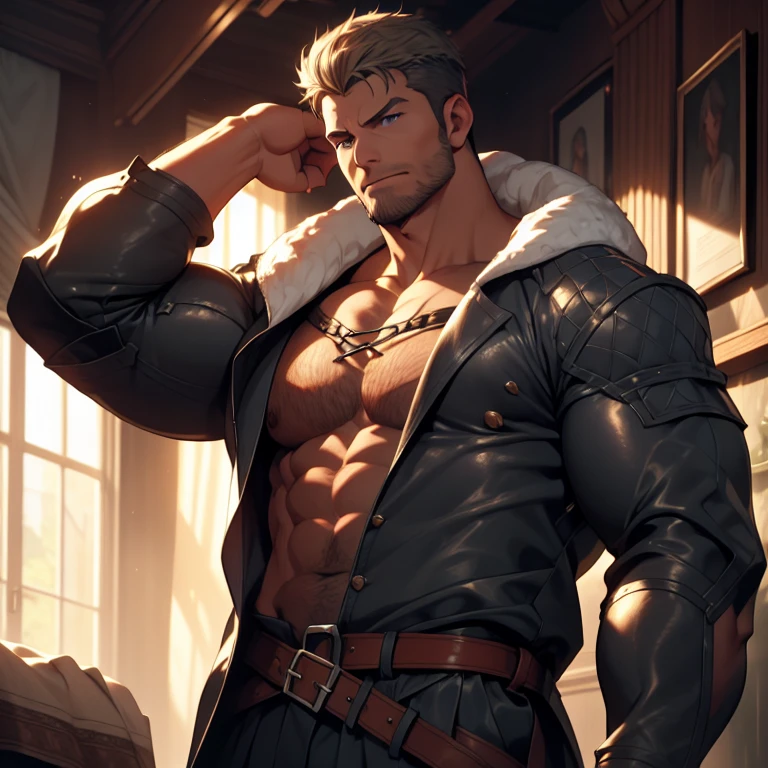 Absurd, high resolution, super detailed, official art, unified 8k wallpaper, super detailed, beautiful and aesthetic, Obra-prima, best quality, short white hair, dark skin, horns on the head, handsome man, pectorals, abs