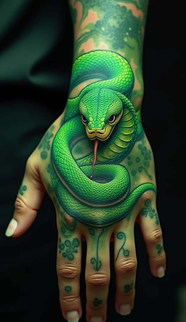 Green snake tattoo on hand, Snake head on the back of the palm，Very detailed green snake tattoo, Green snake sticking out tongue，Glowing green snake，Green snake hunting，Close-up of hands，Snake Art, Detailed and realistic