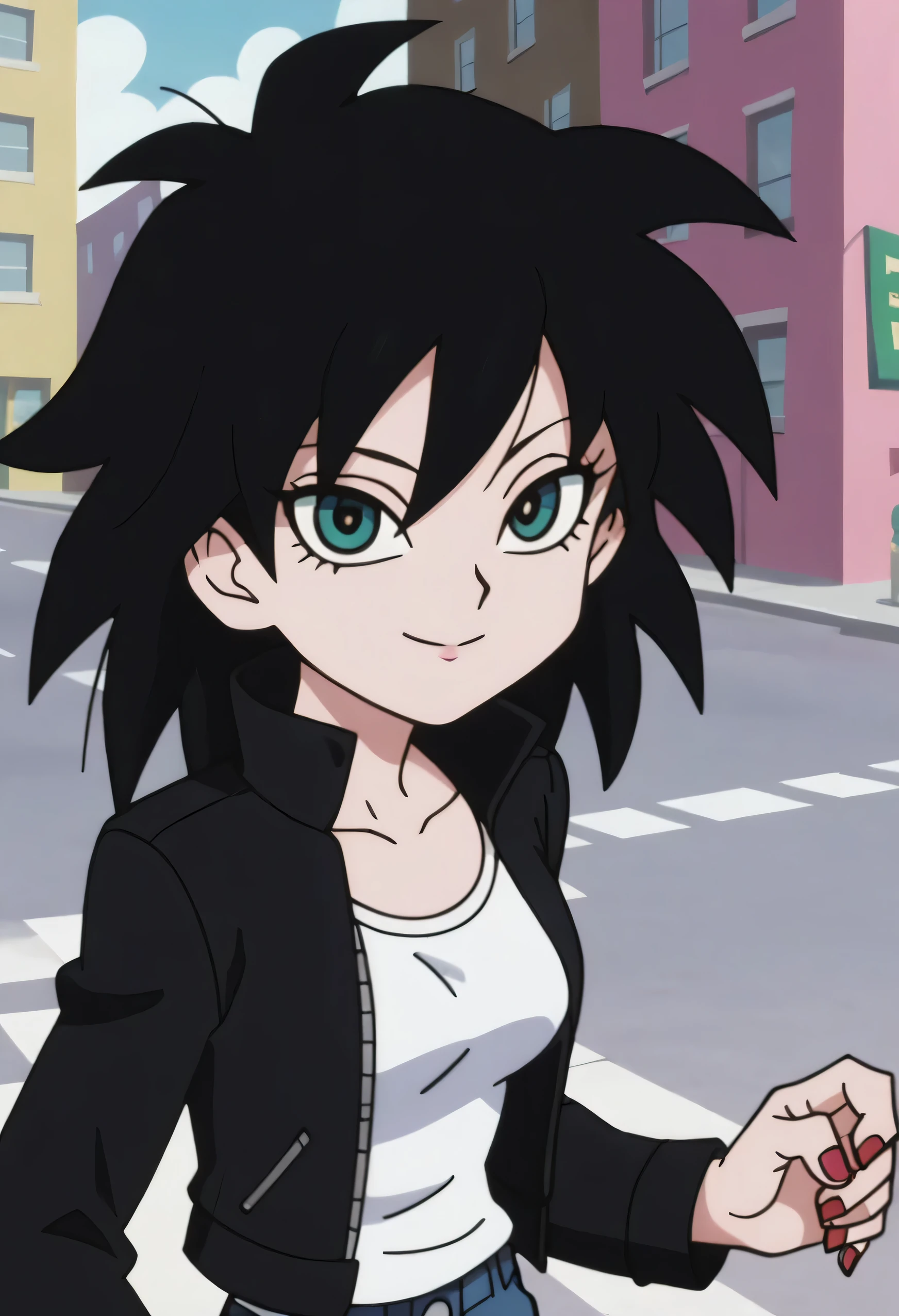 p&s style, rating_safe, score_10, sharp, anime screencap, flat shadows, flat colors, gine, 1girl, solo, breasts, looking at viewer, black hair, long sleeves, arms by side, upper body, outdoors, green eyes, happy, black spiked hair, street, leather jacket, white shirt, smile, blue jeans, red fingernails, eyelashes, collarbone