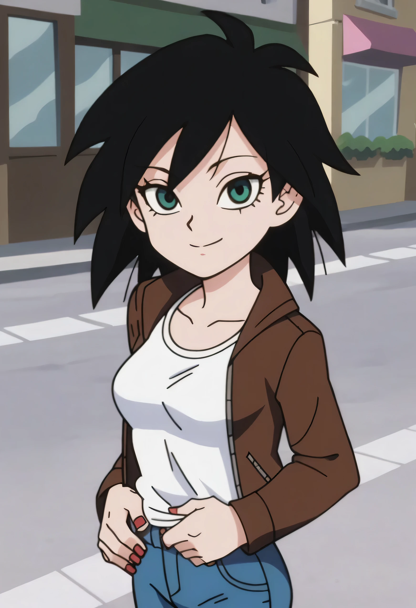 p&s style, rating_safe, score_10, sharp, anime screencap, flat shadows, flat colors, gine, 1girl, solo, breasts, looking at viewer, black hair, long sleeves, arms by side, upper body, outdoors, green eyes, happy, black spiked hair, street, leather jacket, white shirt, smile, blue jeans, red fingernails, eyelashes, collarbone, cowboy shot