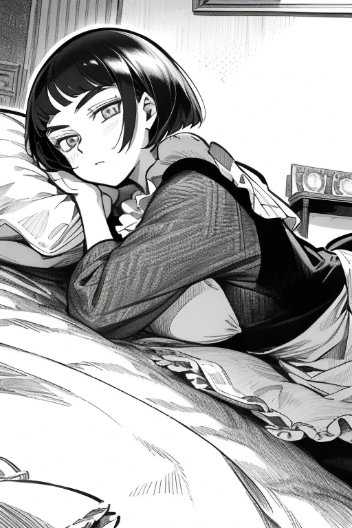 masterpiece, traditional maid, otoyomegatari, 1girl, solo, greyscale, monochrome, halftone, drawing, manga, 
european style, British style, eyeforcus, bob cut,  lying on the bed