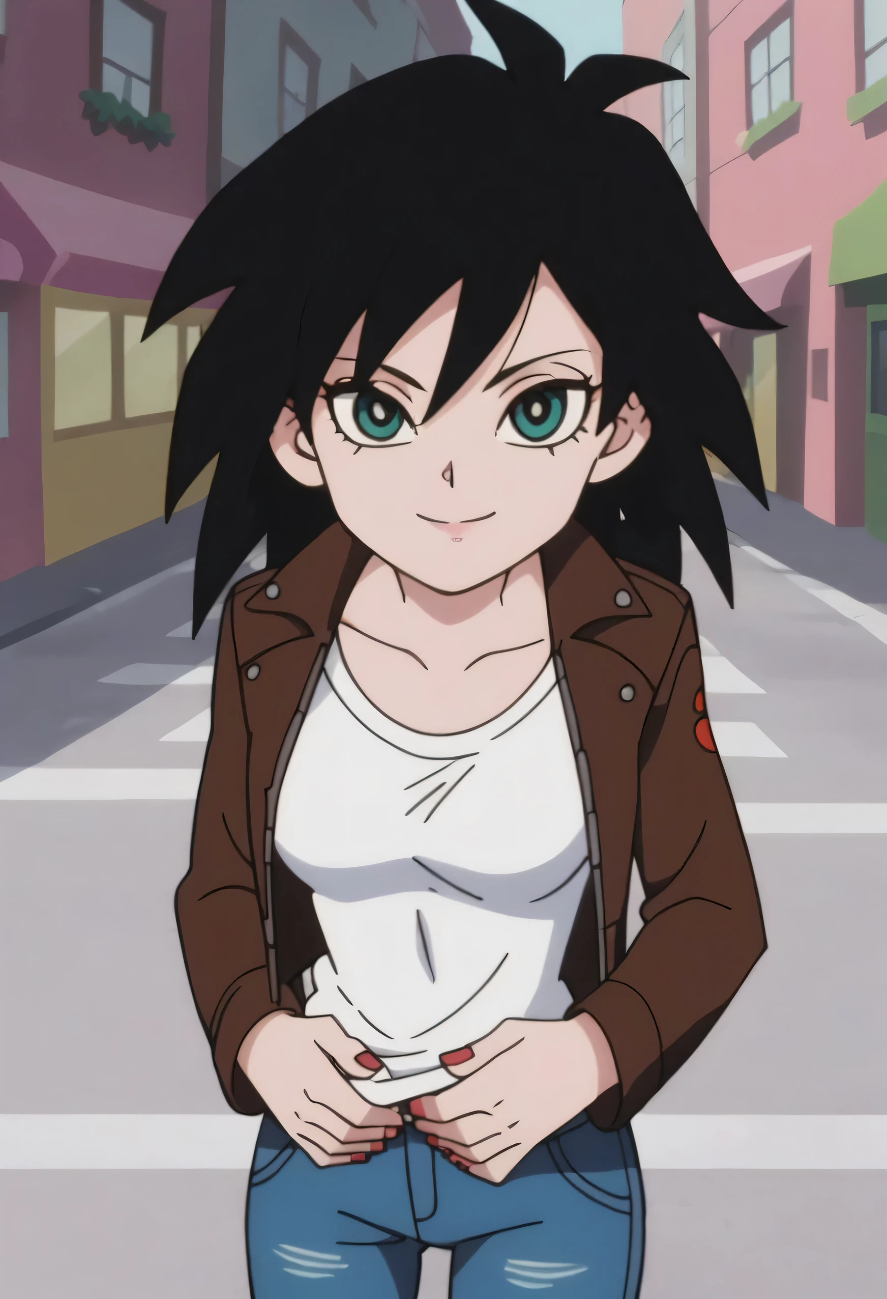 p&s style, rating_safe, score_10, sharp, anime screencap, flat shadows, flat colors, gine, 1girl, solo, breasts, looking at viewer, black hair, long sleeves, arms by side, upper body, outdoors, green eyes, happy, black spiked hair, street, leather jacket, white shirt, smile, blue jeans, red fingernails, eyelashes, collarbone, cowboy shot