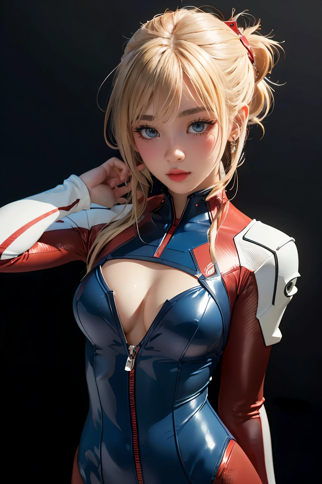 (Masterpiece: 1.4, highest quality), (intricate details), Unity8k wallpaper, super detailed, beautiful and mysterious, detailed background, realistic, solo, perfect detail face, detailed blue eyes, very detailed, blush, hair ornament, chignon mahogany hair, (blonde hair), plug suit 02,Shikinami Asuka Langley, Evangelion, slender , full body suit, black background, Above the waist