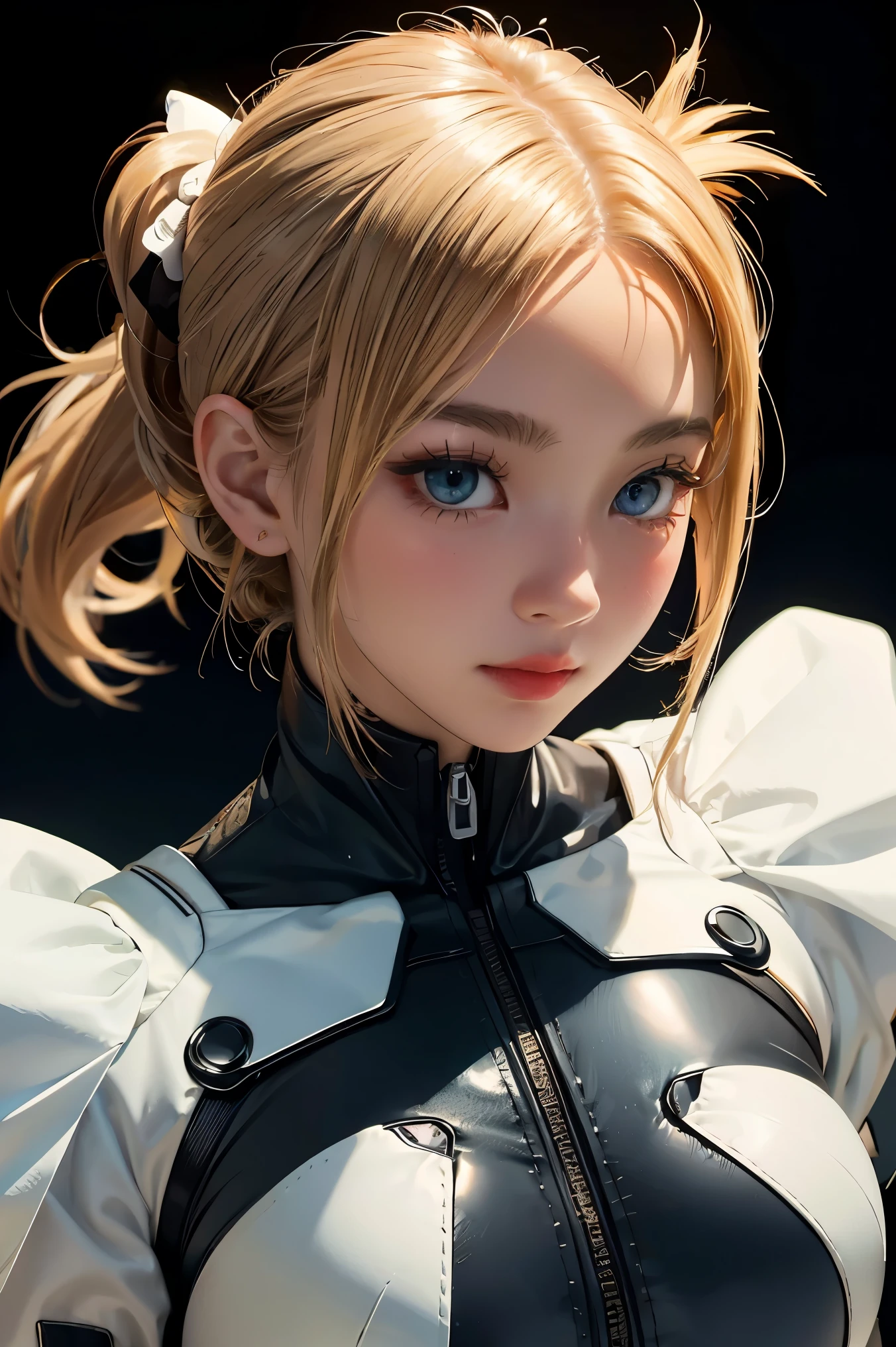 (Masterpiece: 1.4, highest quality), (intricate details), Unity8k wallpaper, super detailed, beautiful and mysterious, detailed background, realistic, solo, perfect detail face, detailed blue eyes, very detailed, blush, hair ornament, chignon mahogany hair, (blonde hair), plug suit 02,Shikinami Asuka Langley, Evangelion, slender , full body suit, black background, Above the waist