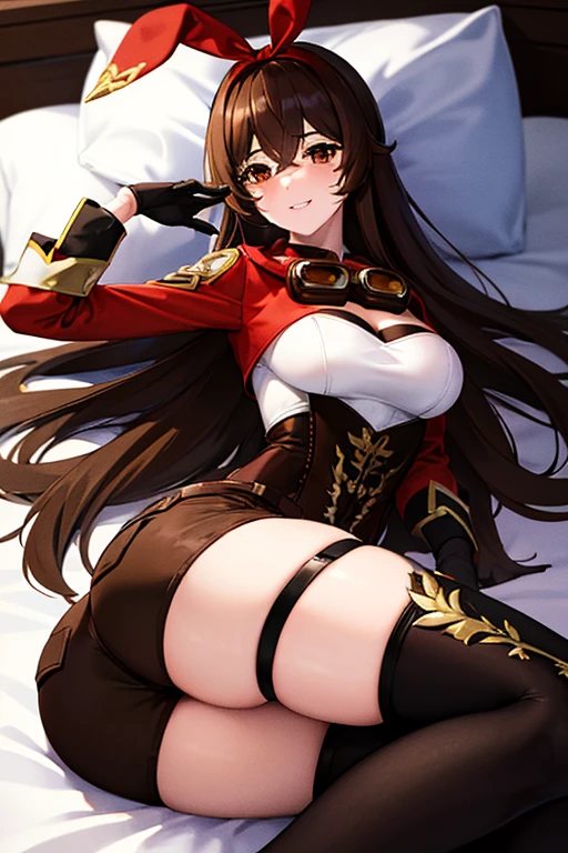 masterpiece, best quality, ultra detailed, 1girl, amber, long hair, bangs, brown hair, ribbon, hair between eyes, (brown eyes:1.5), hair ribbon, sidelocks, hairband, thighhighs, gloves, long sleeves, cleavage, shorts, white gloves, goggles, goggles around neck, smile, lying on bed, sexy ass, perfect body, perfect hands
