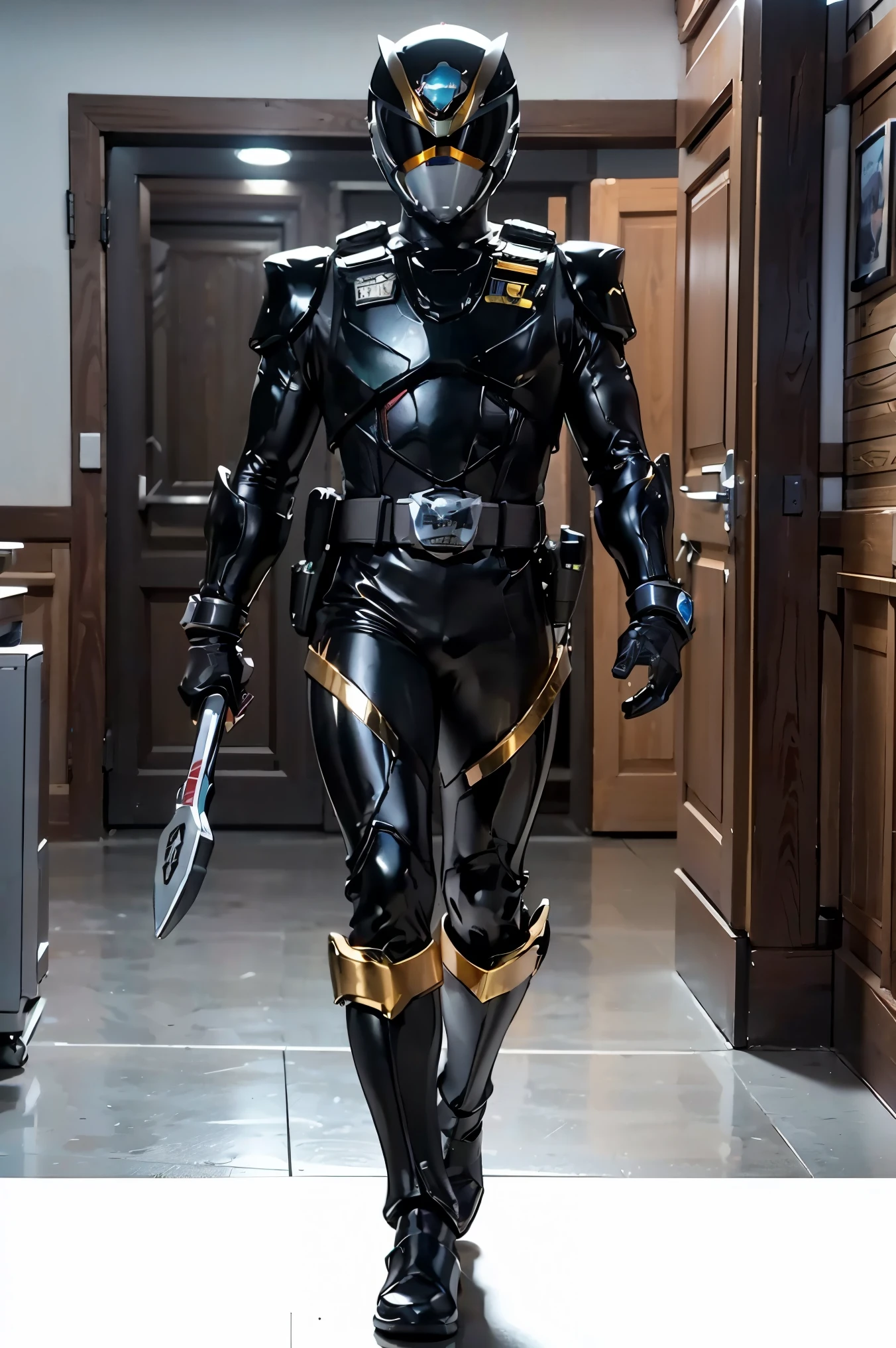 1boy, full body, Illustration, cinematic light, high resolution, best quality, ultra-detailed, masterpiece, power suit, powerranger, suit, spd, (Silver and Gold chest plate), black and gold detail, (((black suit))), ((police theme:1.2))