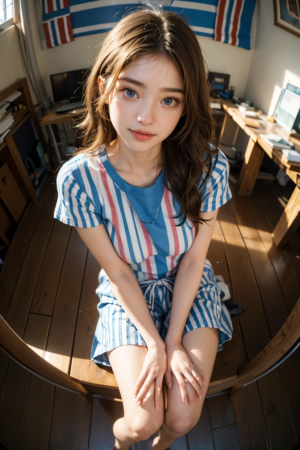Portrait of 15 year old cute beautiful perfect face petit teen, Russian, in short pajamas, thighs, in bed, full body, ankle socks, legs out straight, arms at the side,