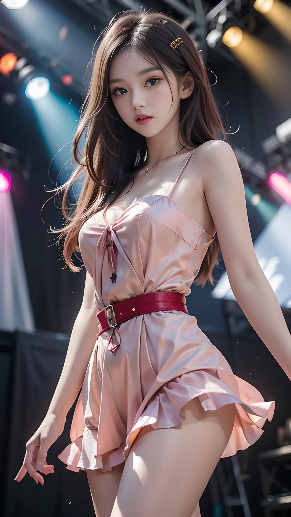 ulzzang-6500-v1.1, (RAW photo: 1.2), (Real photo), (Real photo: 1.4), 1 girl、Perfect anatomy、1、Looking at the camera、Medium length hair、dance dress, ((performing on stage: 1.1))、(Business service)、Asian eyes Ella,