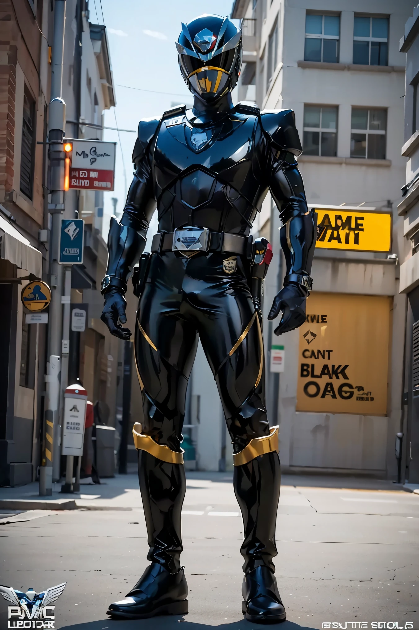 1boy, full body, Illustration, cinematic light, high resolution, best quality, ultra-detailed, masterpiece, power suit, powerranger, suit, spd, (Silver and Gold chest plate), black and gold detail, (((black suit))), ((police theme:1.2))