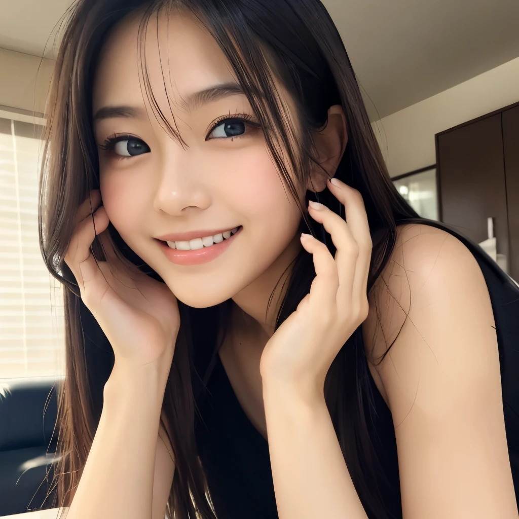 Beautiful Japanese women、Looking straight here、Healthy Smile、Big Eyes、White and beautiful skin、Dark Eyes、An image of hands stretched out、1 high school girl