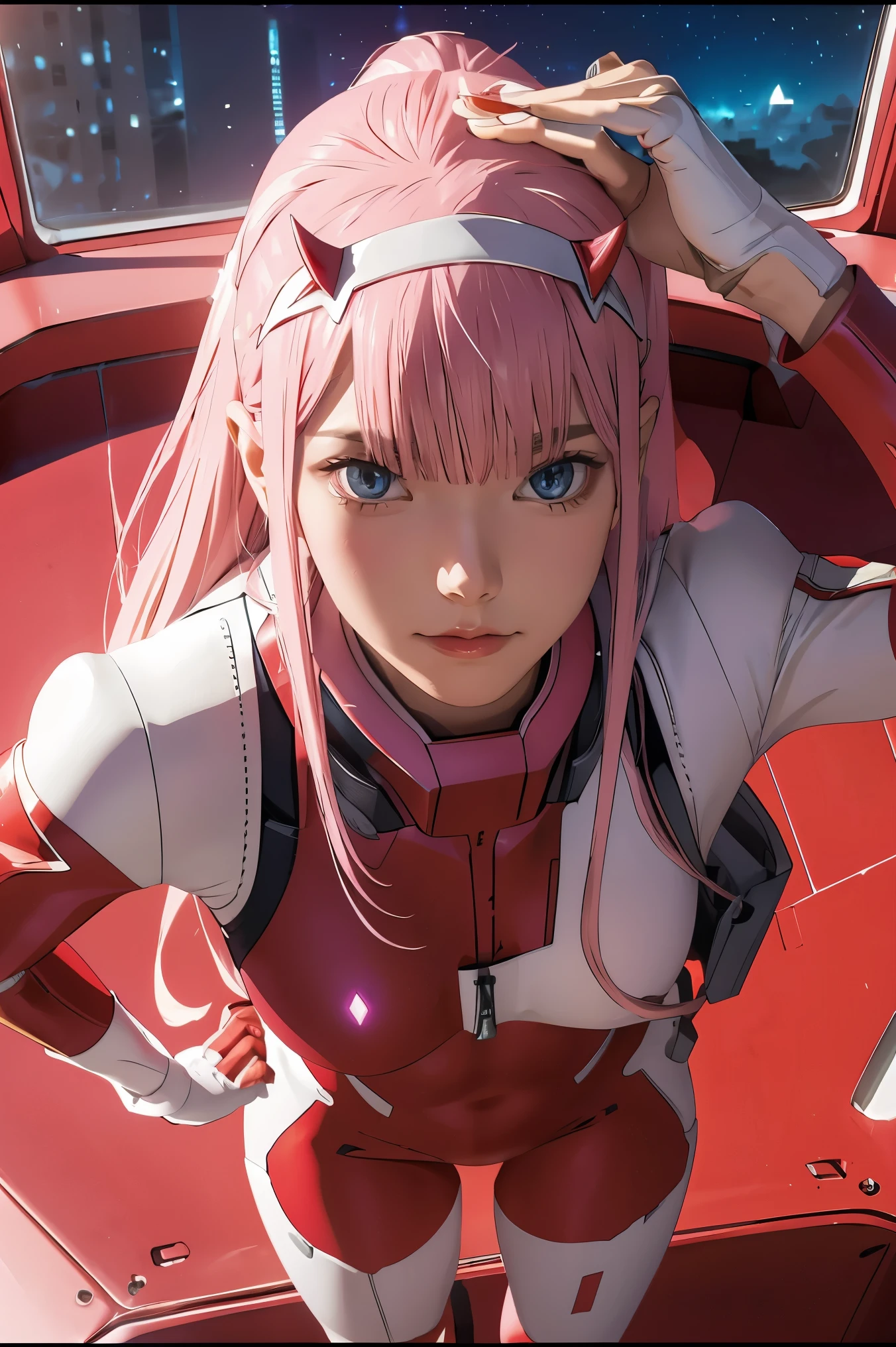 (Overhead view),dynamic angle,ultra-detailed, illustration, straight on, 1girl, ((Zero two, interface headband with a pair of horns, red bodysuit:1.4, pink hair)), Her eyes shone like dreamy stars,(glowing eyes:1.233),(beautiful and detailed eyes:1.1),(expressionless, closed mouth),(standing), (mechanic room with tools and spaceship window in a white SPACESHIP), (night:1.2), dreamy, [[delicate fingers and hands:0.55]::0.85],(detail fingers), smirk,