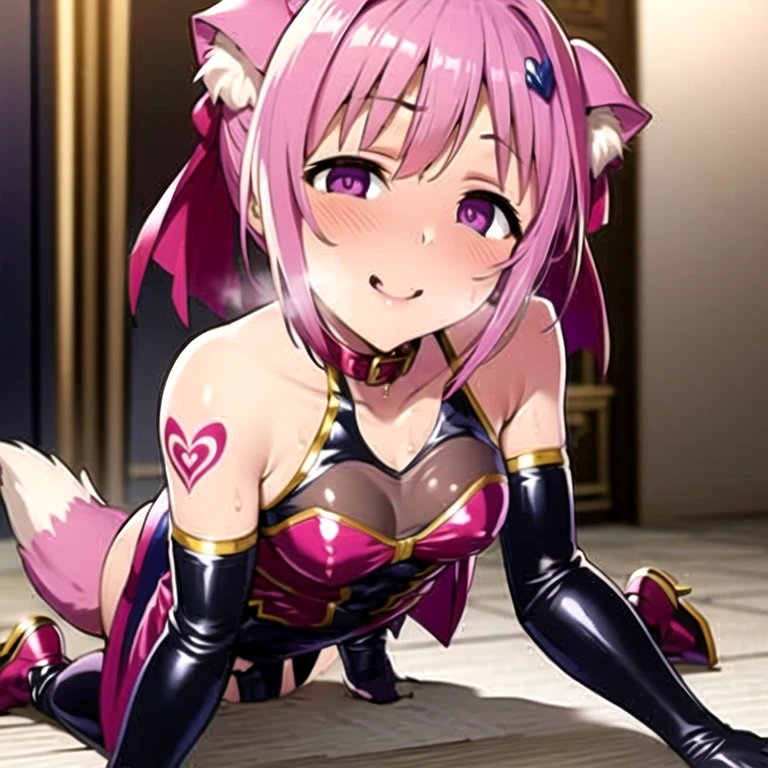 masterpiece, best quality, high resolution, millhiore f. biscotti, dog girl, dog ears, ahoge, pink hair, short hair, double bun, hair ribbon, purple eyes, small breasts, dog tail, sleeveless dress, long dress, cape, gloves, (corruption:1:1), (full body:1:1), (all fours:1:1), side view, nsfw, full-face blush, (heart-shaped pupils:1:1), chain lead, collar, (crotch tattoo:1:1)