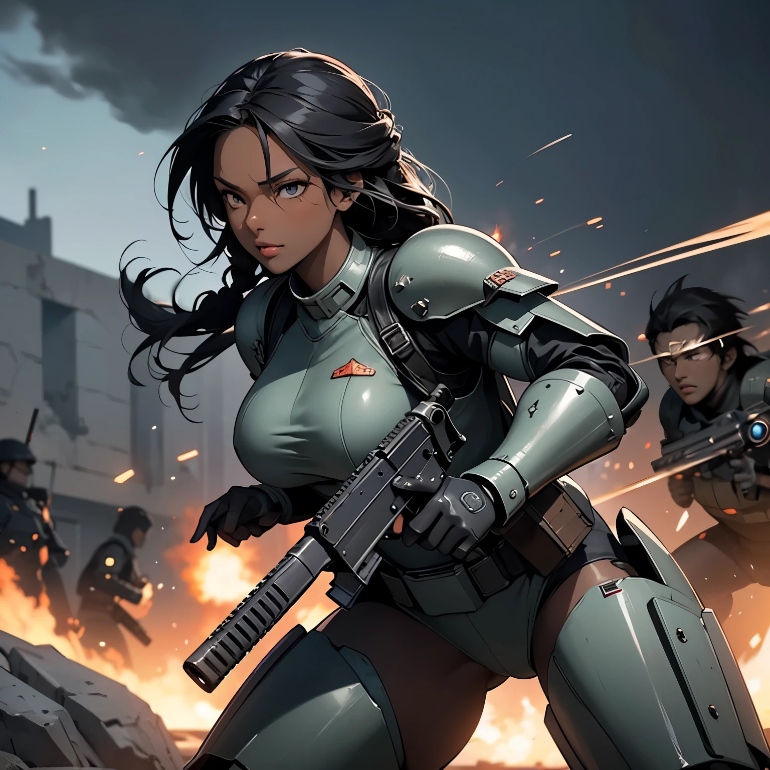 nsfw, anime screencap, 16K, perfect anatomy proportion body, perfect hands, action, A dynamic composition with a sense of speed and movement, (Hold an assault rifle:1.6), a wife, 40age, perfect beautiful delicate sexy face, perfect beautiful delicate eyes, braid-in-braid black hair, (dark skin:1.6), huge breasts, abs, Camouflage-colored heavy armored steam engine full armor powered suit, Many heavily armored robot soldiers are engaged in a firefight in the background., Flying bullets, Urban battlefields, war, Post-apocalyptic,