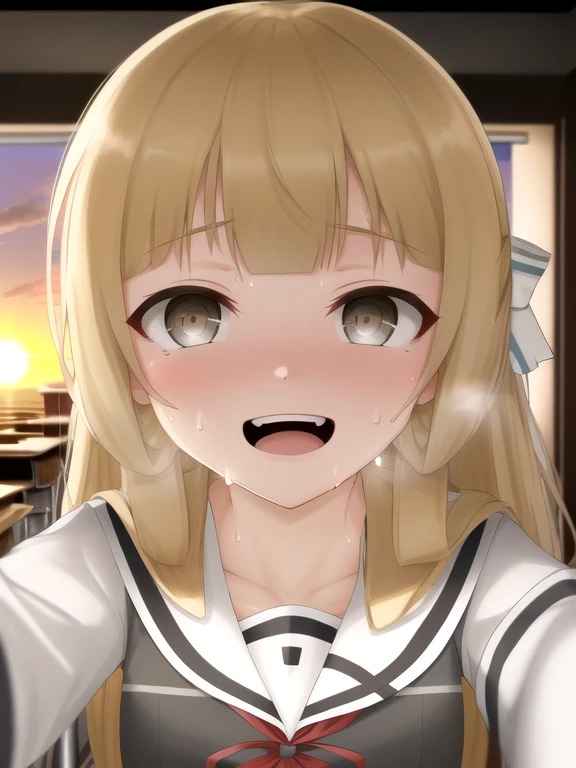 (sunset light:1.2), (face only, from front:1.2), classroom, 1girl, solo, looking viewer, blonde hair, brown hair, grey eyes, hair ribbon, blunt bangs, (school uniform:1.1), (naughty face, crazy eye, crazy smile:1), (sweat:1.1), incoming hug