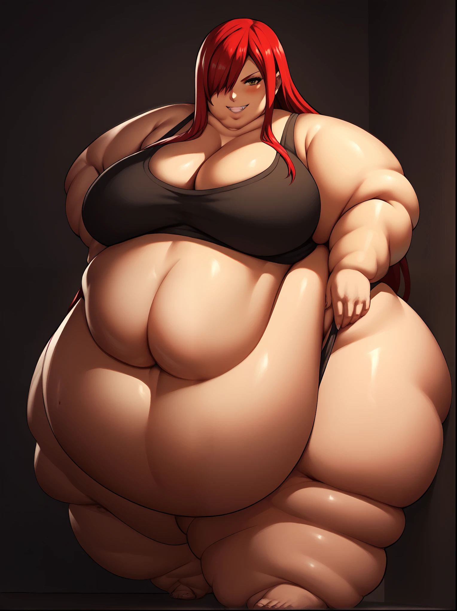 Erza, red hair, navel, crop top, , tank top, 1girl, bare shoulders, midriff,cleavage, hair over one eye, large breasts, underwear, long hair, looking at viewer, grin, brown eyes ,masterpiece, best quality, room, big breasts, cleavage, seductive smile,blush, obese, fat, blob of fat, massive breasts, big fat belly, wide hips