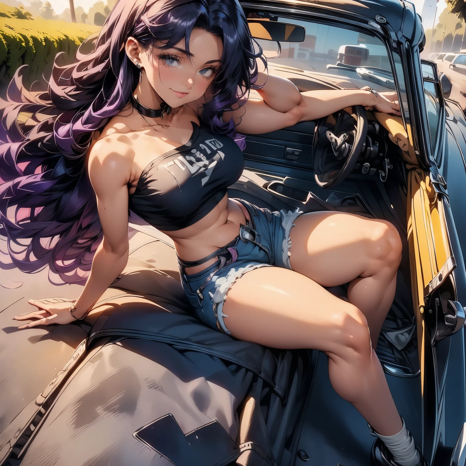 4k, HDR, full HD, Masterpiece, 1girl, 1car, long purple hair, perfect anatomy, full body, denim shorts, yellow strapless crop top, sitting on the hood of a car that is black, the car is 1957 Cadillac Eldorado Brougham,