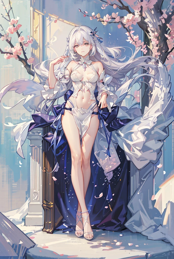 (Masterpiece), (Best quality), full body,Simple background,Sitting,
1girll,Shiny hair,White hair,feathers hair ornament, White cloak, ((See-through)),navel,Light smile,1girl,huge tit,exteriors,trpical garden,(wedding gown),standing on your feet,Metal collar,Cowboy photos,