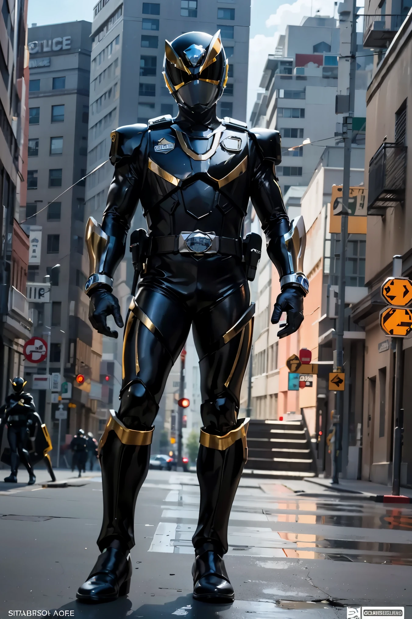 1boy, full body, Illustration, cinematic light, high resolution, best quality, ultra-detailed, masterpiece, power suit, powerranger, suit, spd, (Silver and Gold chest plate), black and gold detail, (((black suit))), ((police theme:1.2))