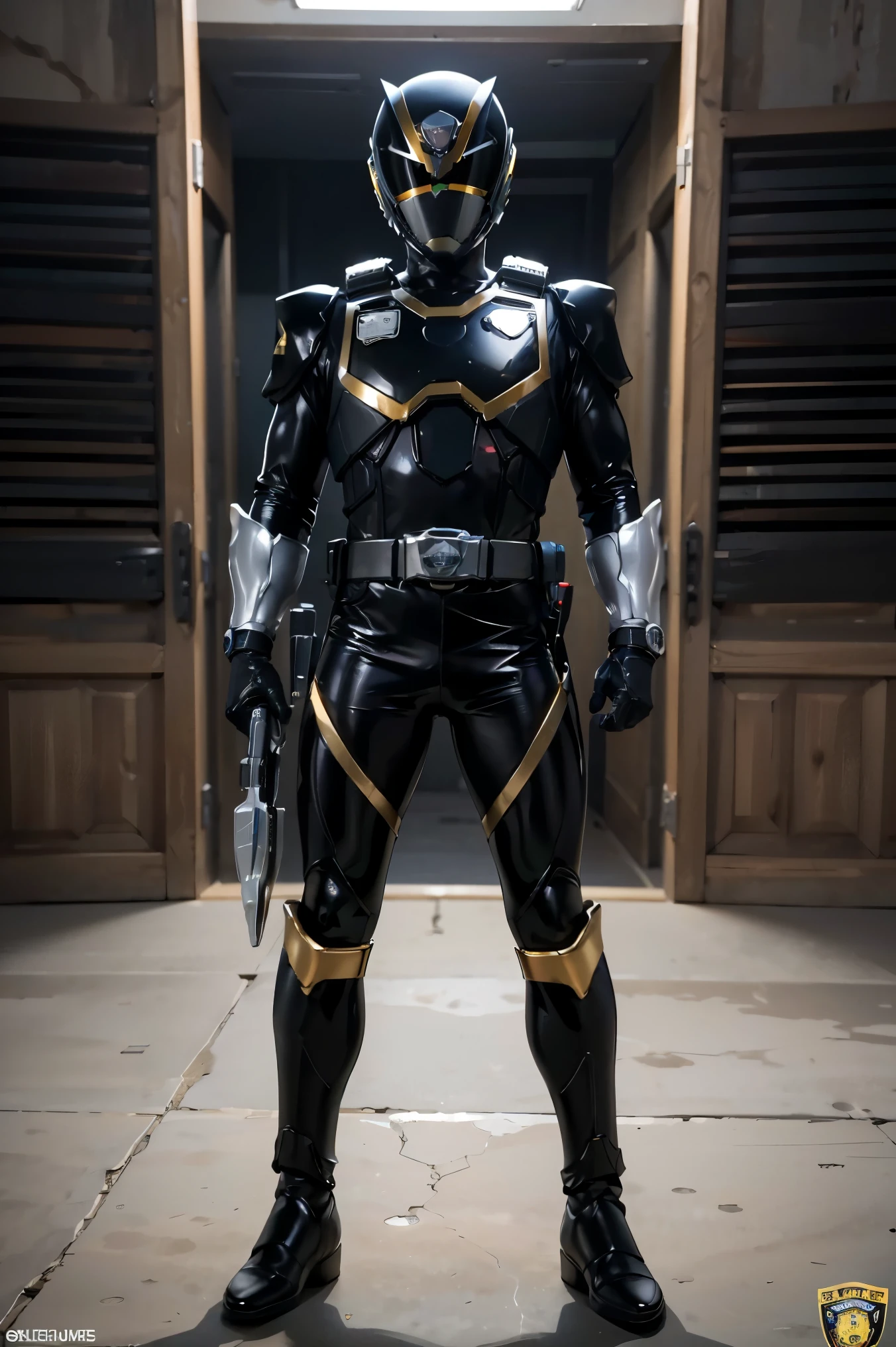 1boy, full body, Illustration, cinematic light, high resolution, best quality, ultra-detailed, masterpiece, power suit, powerranger, suit, spd, (Silver and Gold chest plate), black and gold detail, (((black suit))), ((police theme:1.2))