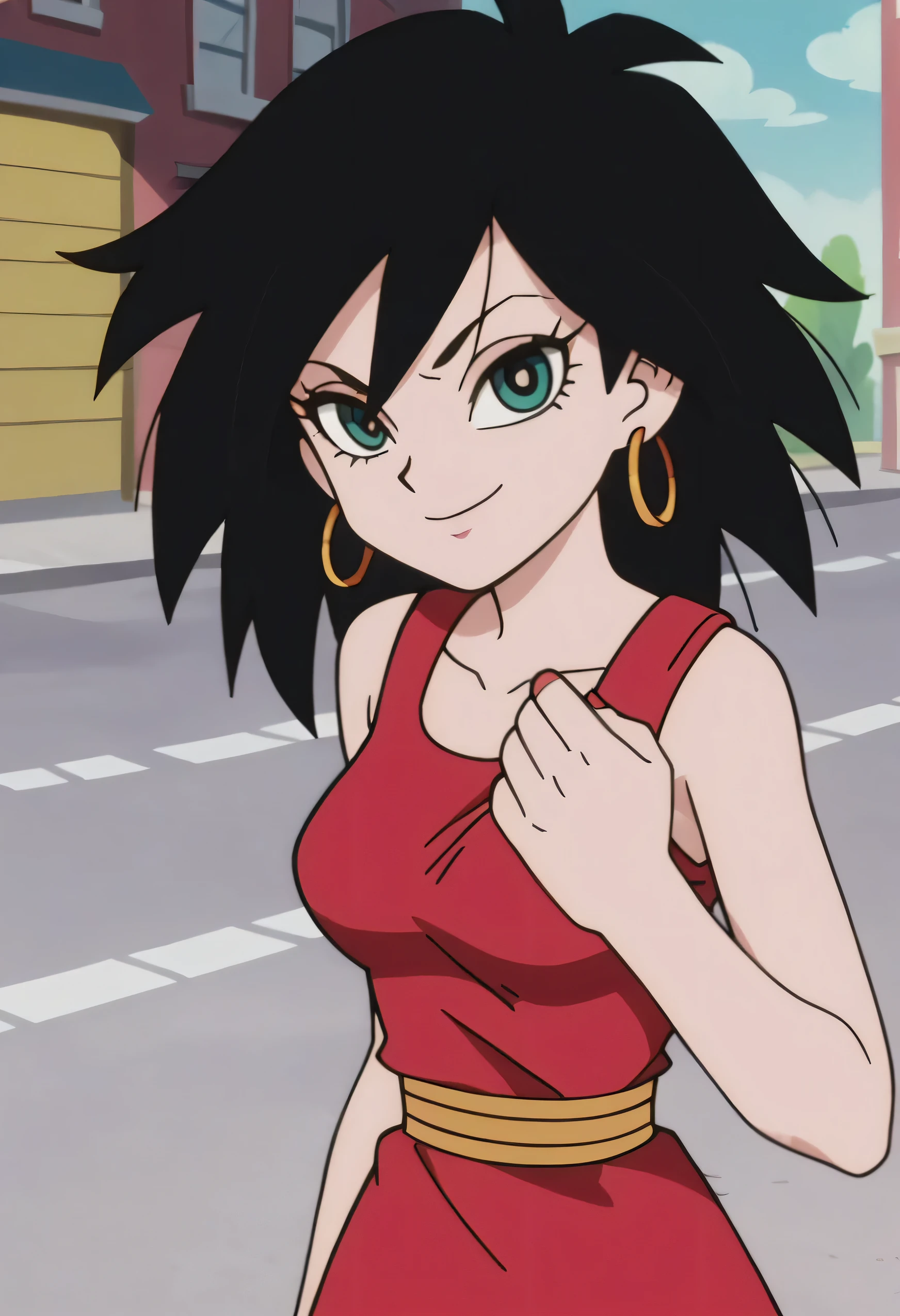 p&s style, rating_safe, score_10, sharp, anime screencap, flat shadows, flat colors, gine, 1girl, solo, breasts, looking at viewer, black hair, cowboy shot, arms by side, upper body, outdoors, green eyes, smile, black spiked hair, street, red hoop earrings, a gold chocker, a red sleeveless dress, red fingernails, eyelashes, collarbone