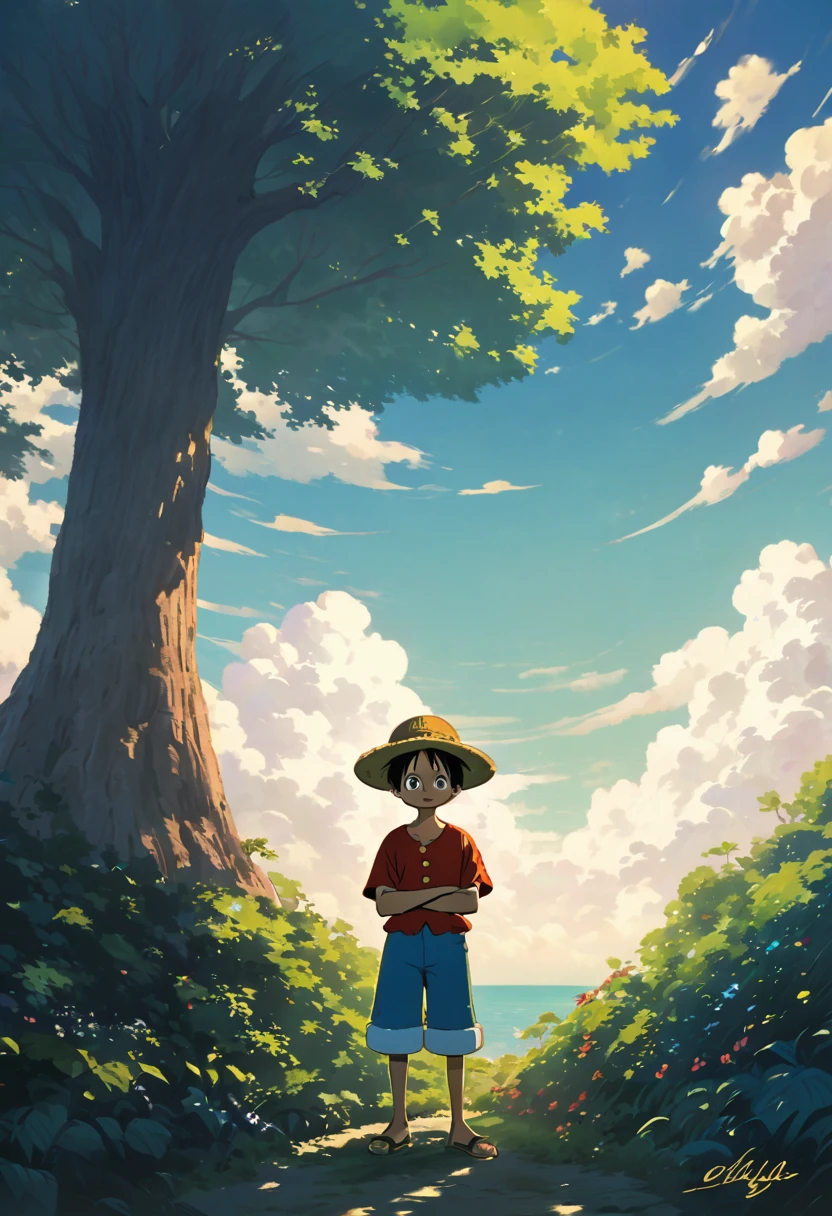 Create an image of Luffy from One Piece in the art style of Studio Ghibli, similar to anime from the 1990s. Luffy is standing next to a large, lush tree with a thick, textured trunk and vibrant green foliage. He is posed with his arms crossed, wearing his signature straw hat, and gazing thoughtfully into the horizon. The scene is peaceful, with soft lighting that gives the environment a nostalgic feel, like a warm afternoon. The colors are earthy and natural, with the tree casting a gentle shadow over Luffy. Color Ghibli.