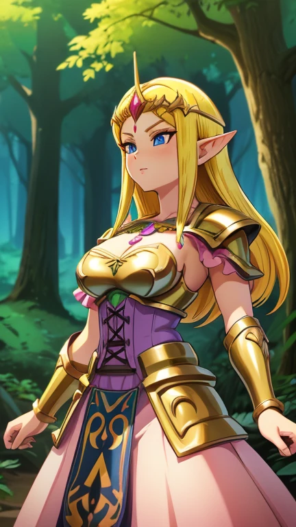 (1girl, solo, ZeldaHW), (extremely detailed CG unit 8k wallpaper),(master part), (best quality), (ultra detail), (best illustration),(Dragon Ball), cowboy shot, (Sharp eyeliner, ombre, detailed eyes:1), forest, outdoors background, ,break,  (digital art), upper body, corset, armored dress, breastplate,  blonde hair, pointy ears, pink clothing, blue eyes, medium breasts, tiara, 