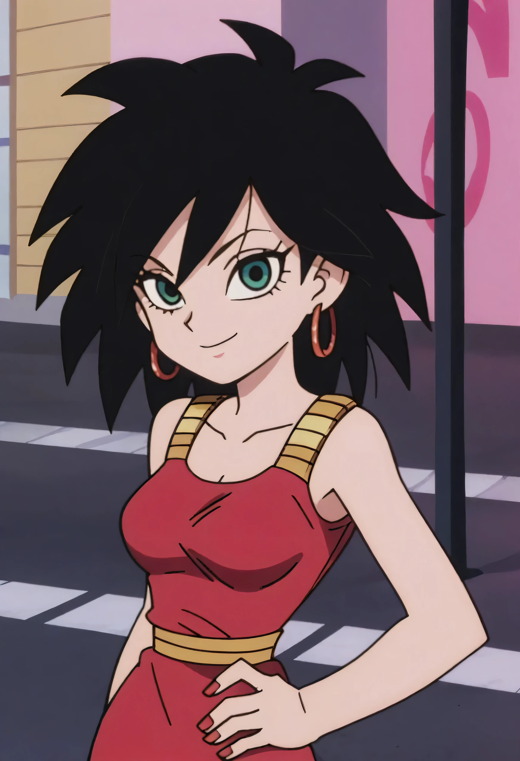 p&s style, rating_safe, score_10, sharp, anime screencap, flat shadows, flat colors, gine, 1girl, solo, breasts, looking at viewer, black hair, cowboy shot, arms by side, upper body, outdoors, green eyes, smile, black spiked hair, street, red hoop earrings, a gold chocker, a red sleeveless dress, a taut red dress, red fingernails, eyelashes, collarbone