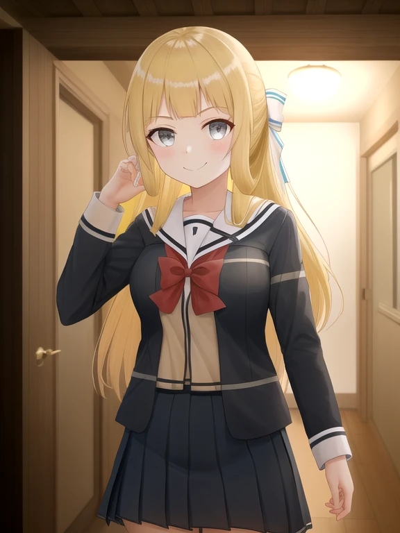 (from front, cowboy shot:1.1), (basement, 石の壁:1.2), 1girl, solo, looking viewer, blonde hair, brown hair, grey eyes, hair ribbon, blunt bangs, (school uniform:1.1), (crazy smile:1),