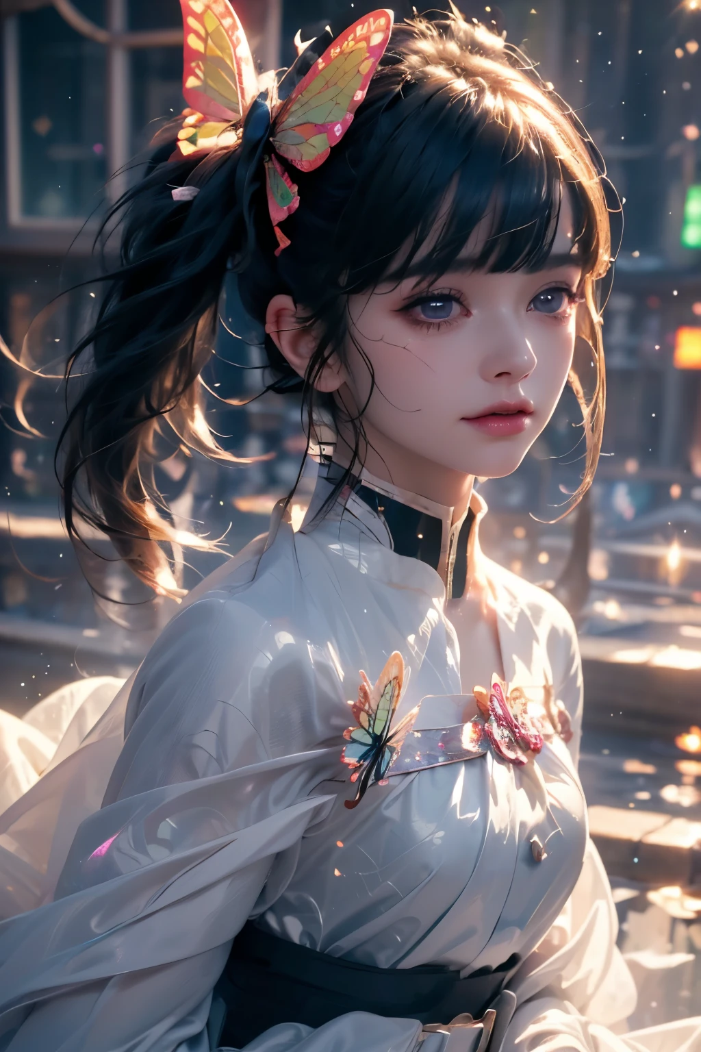 A beautiful,1girl,realistic kanao,demon slayer, side ponytail hair with butterfly,beautiful detailed eyes,beautiful detailed lips,extremely detailed face,long eyelashes,intricate details,photorealistic,8k,high quality,masterpiece,professional 3d render,volumetric lighting,glossy skin,photorealistic skin,hyper realistic,ultra detailed,sharp focus,portrait,iridescence,dramatic angle,space,(floating colorful sparkles:1.3),Dramatic Lighting,Chiaroscuro,Evocative Depth