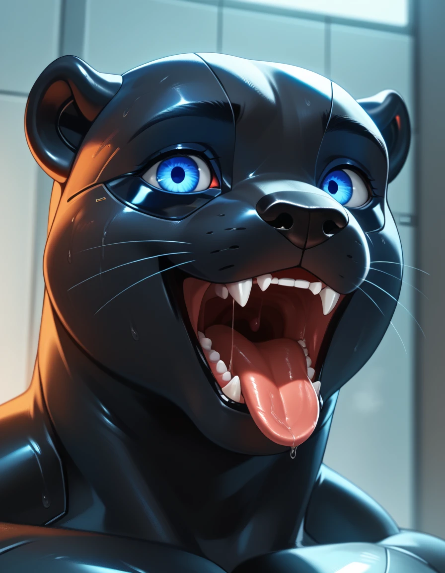 anthropomorphic otter,open mouth, tongue out,(seductive:1.3),glowing blue eyes, black skin,robot body, sweaty,muscular build,8k highly detailed face, ultra detailed face, high quality photorealism, close detailed face, detailed unblurred face, closeup face, ultra realistic facial details
