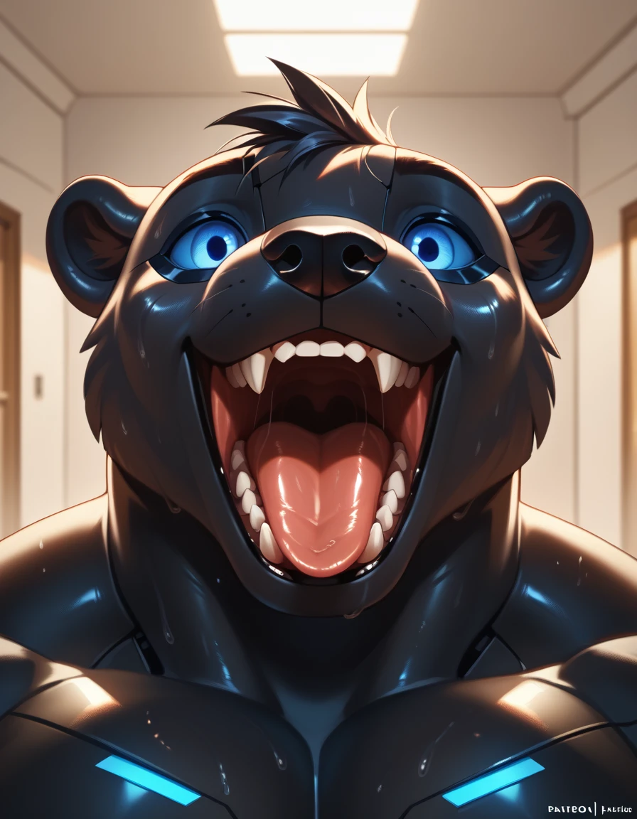 anthropomorphic otter,open mouth, tongue out,(seductive:1.3),glowing blue eyes, black skin,robot body, sweaty,muscular build,8k highly detailed face, ultra detailed face, high quality photorealism, close detailed face, detailed unblurred face, closeup face, ultra realistic facial details
