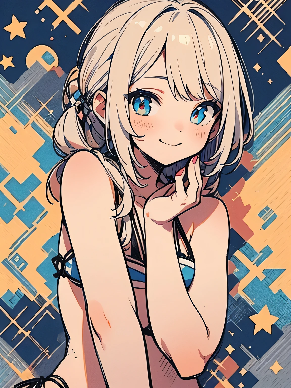 (Alone),(((wariza:1.3))),looking at viewer,smile,brown curly low ponytail,((short bluntbangs:1.2)),white marble pattern micro bikini、((model pose</input></xml>)),(Sexy Russian girl:1.3),Best image quality,最high quality, high quality, High definition, high quality (masterpiece,Sense of presence)、Colorful sketch style,,(I am the star:1.3)(manga style),(sketch),(illustration),(flat color),