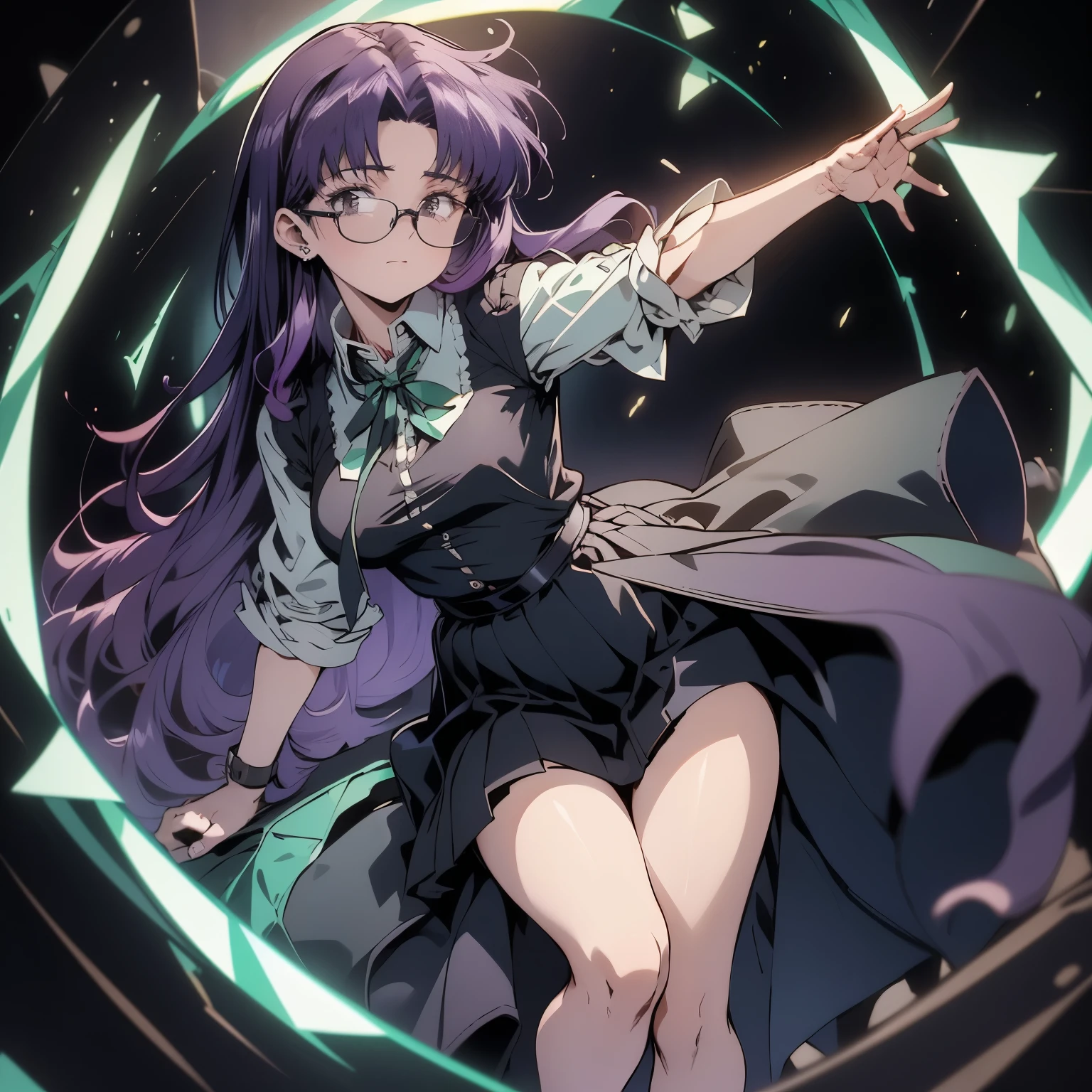4k, HDR, full HD, Masterpiece, 1girl, solo, long purple hair, perfect anatomy, full body, short pleated skirt, light blue skirt, shirt tied at the waist, emerald green shirt, she is wearing black glasses , she has a ribbon holding her hair, she is a professional photographer, she has a large photographer's camera in her hand,