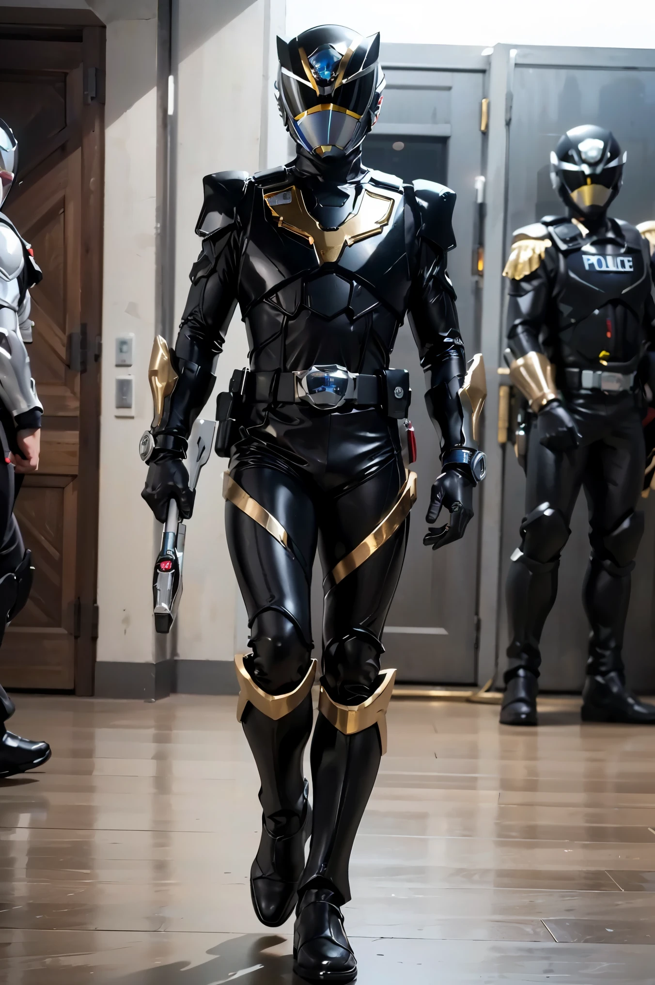 1boy, full body, Illustration, cinematic light, high resolution, best quality, ultra-detailed, masterpiece, power suit, powerranger, suit, spd, (Silver and Gold chest plate), black and gold detail, (((black suit))), ((police theme:1.2))