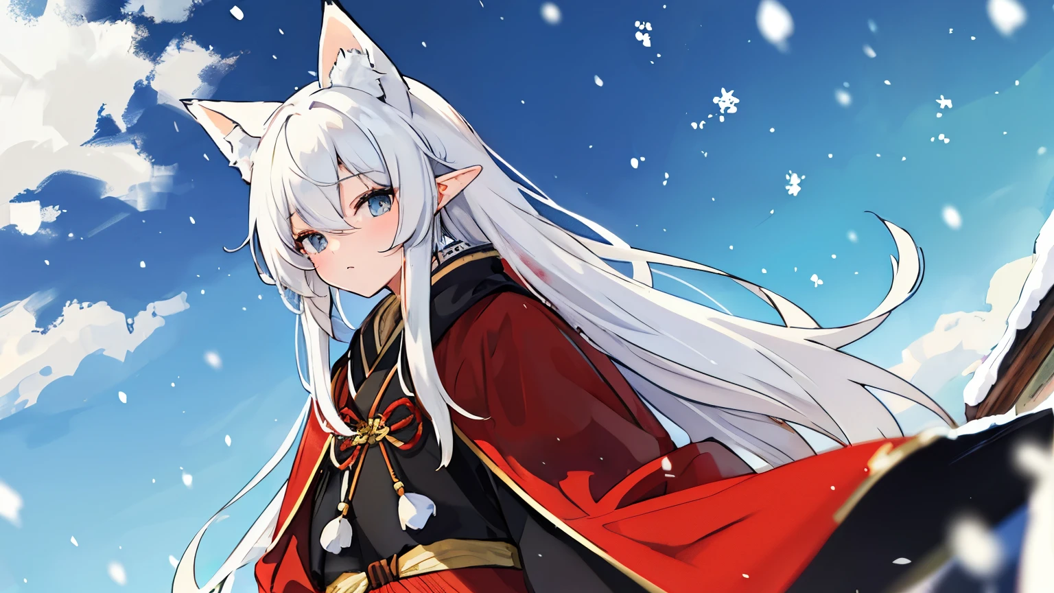 ((masterpiece,wallpaper,highres)),((wash painting)),8K,a man,ancient china,(fox),(animal ears),handsome handsome guy,long hair,(white hair|black hair:1.2),distribute,long hair,long bangs,extremely handsome,virile,gentle,tall,quiet,red robe,outdoors,cloak,alp,snowing,chinese young man,antique style,masterpiece,ACURA,elf,the hair is in a loose state,dark hanfu,cool,beauty,