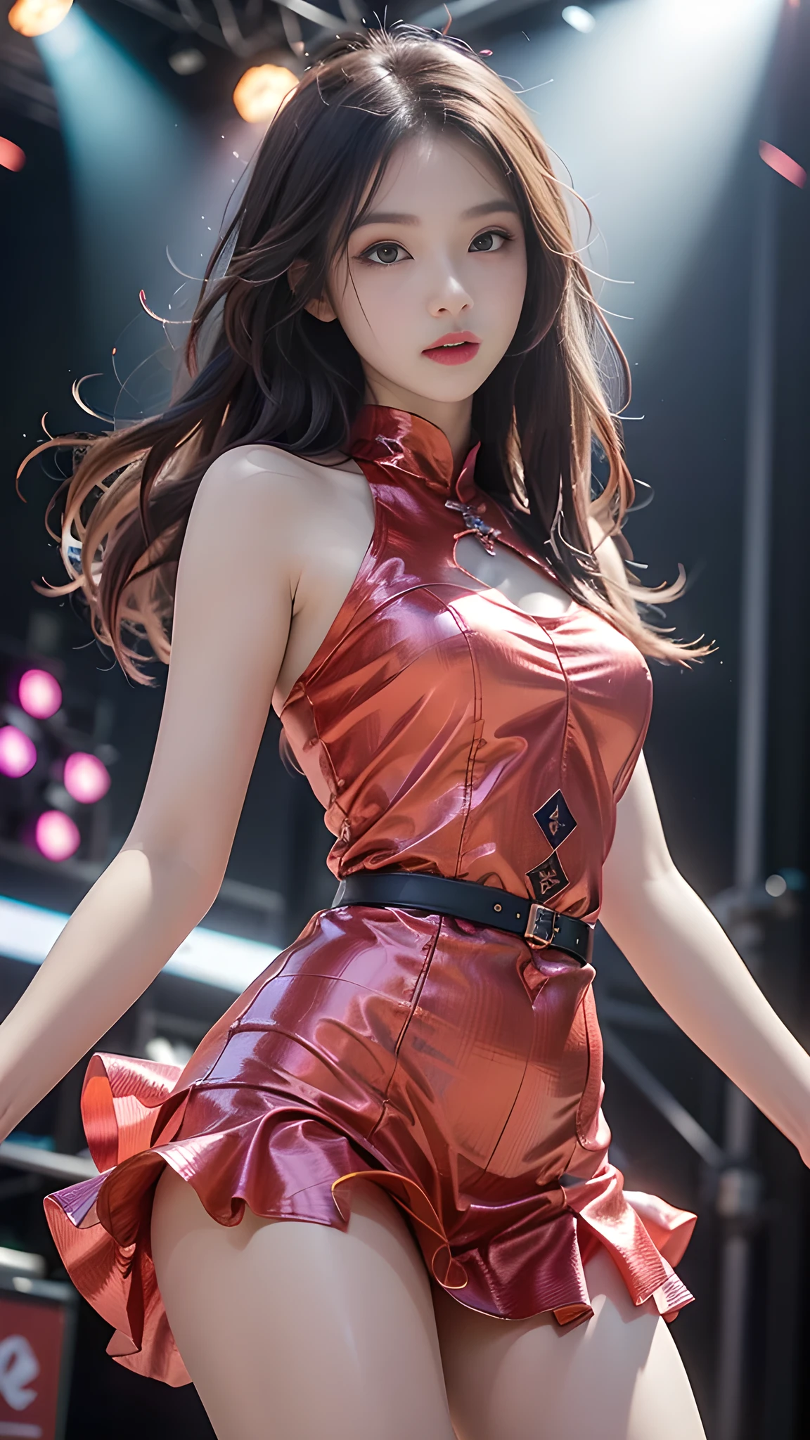 ulzzang-6500-v1.1, (RAW photo: 1.2), (Real photo), (Real photo: 1.4), 1 girl、Perfect anatomy、1、Looking at the camera、Medium length hair、dance dress, ((performing on stage: 1.1))、(Business service)、Asian eyes Ella,