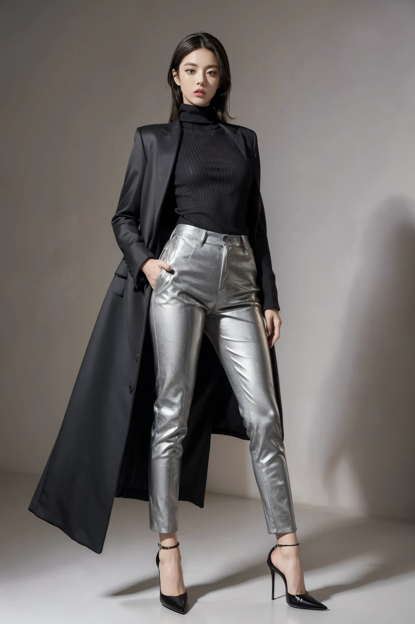 A model stands confidently against a light gray background, wearing a striking black outfit accented with a bold yellow patterned coat. The coat features graphics such as barcodes, symbols, and text in various styles. Underneath, a black turtleneck sweater displays a prominent Z logo, paired with matching black trousers. The model completes the look with shiny, silver-accented high-heeled shoes, exuding a modern, urban fashion vibe.