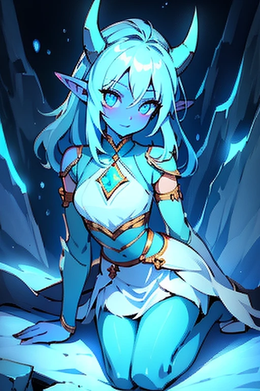 ((best quality)), ((masterpiece)), (detailed), 1girl, height 5 foot 6", eyes pure white [no pupils, no sclera], skin light blue, hair white,  a set of Fine Clothes consisting of wears a dark cyan body suit, knee high dark blue boots with mock silver linings and small 1 inch heels, a crystalline blue cloth breastplate with icy white linings, connected to an icy blue back skirt that goes down to her knees, now white hair that goes to just past her shoulders, light blue skin, is 5' 6" long elf like ears, two horns a slightly darker shade of blue then her skin skin coming out of her hair and curling back over/around her horns, and a long slim tail that ends in a spade, frosty breath like in winter, sitting in a fantasy tavern, clear summer weather, reading a grimoire on cryomance