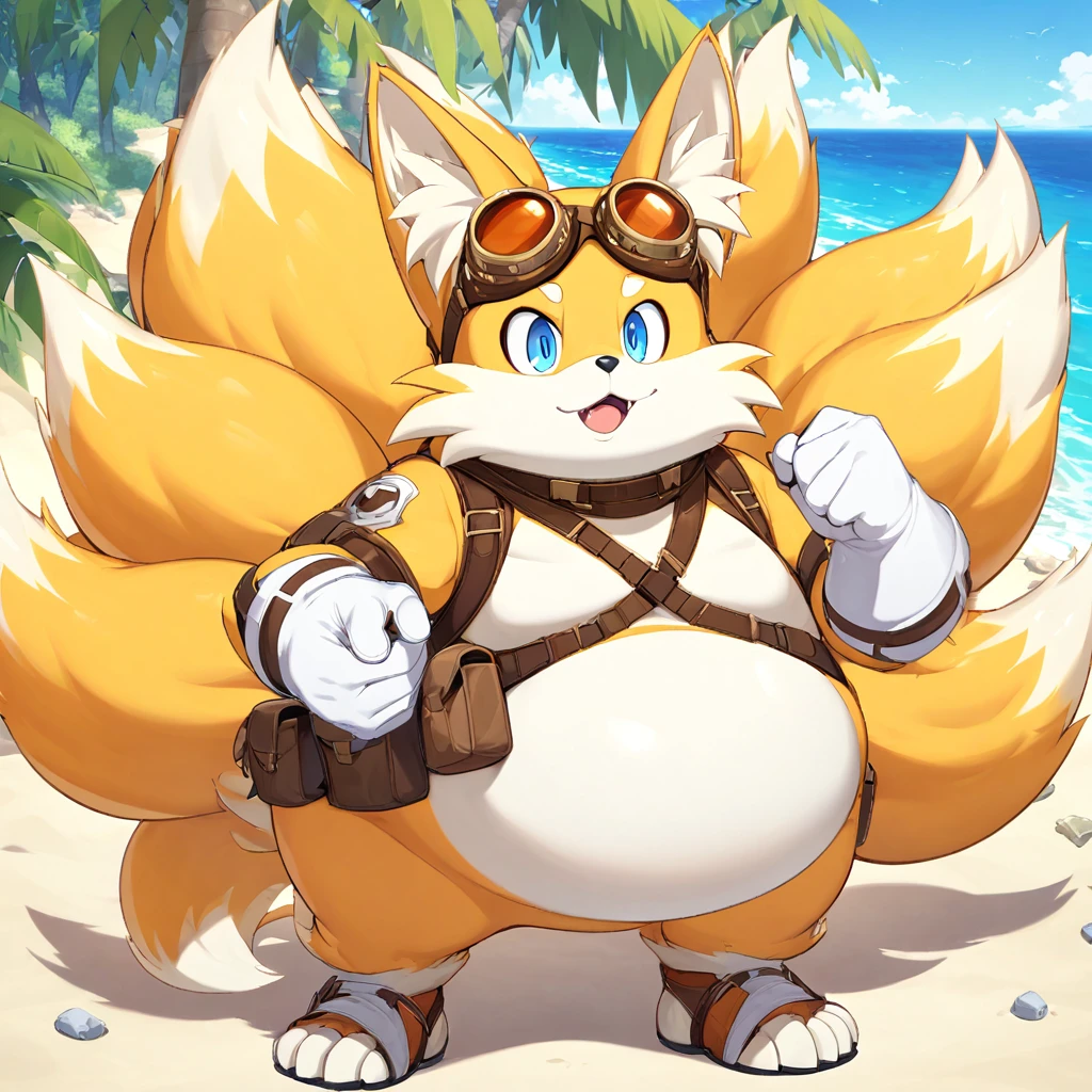 fat tails_boom, solo, fat body, blue eyes, gloves, 1boy, animal ears, male focus, white gloves, fox ears, goggles, multiple tails, furry, goggles on ,furry male, animal nose, fox boy,  ocean, forest, coast, sand, palm, palms, trees, stones