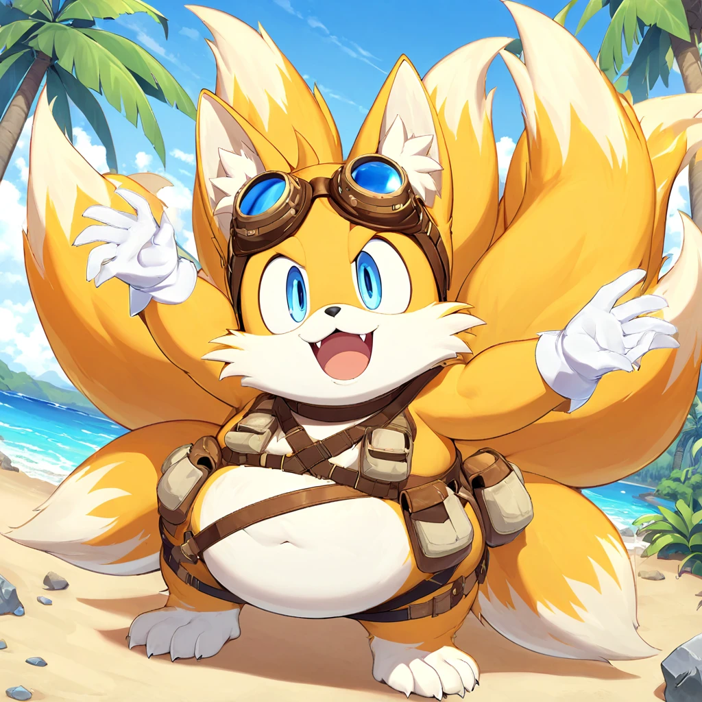 fat tails_boom, solo, fat body, blue eyes, gloves, 1boy, animal ears, male focus, white gloves, fox ears, goggles, multiple tails, furry, goggles on ,furry male, animal nose, fox boy,  ocean, forest, coast, sand, palm, palms, trees, stones