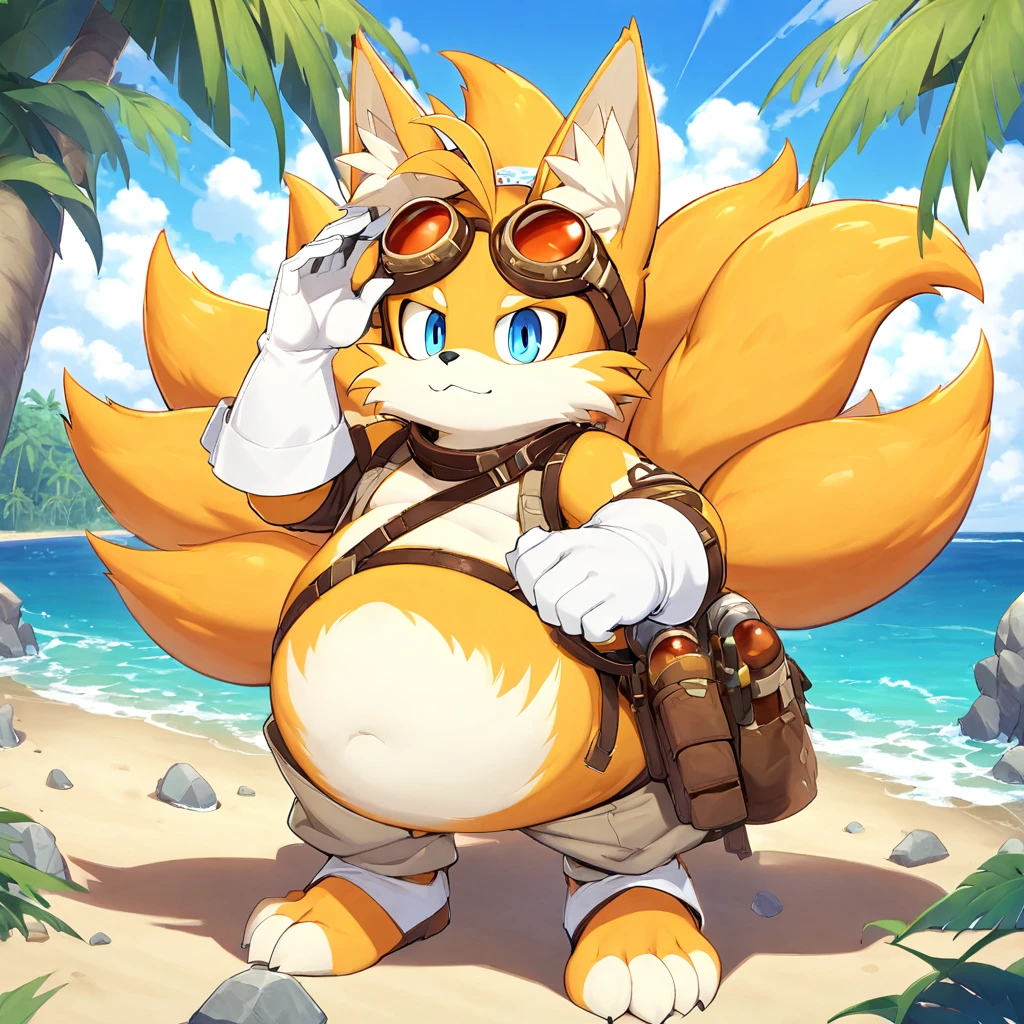 fat tails_boom, solo, fat body, blue eyes, gloves, 1boy, animal ears, male focus, white gloves, fox ears, goggles, multiple tails, furry, goggles on ,furry male, animal nose, fox boy,  ocean, forest, coast, sand, palm, palms, trees, stones