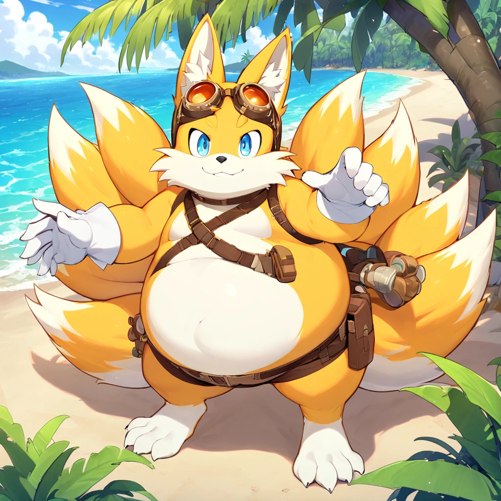 fat tails_boom, solo, fat body, blue eyes, gloves, 1boy, animal ears, male focus, white gloves, fox ears, goggles, multiple tails, furry, goggles on ,furry male, animal nose, fox boy,  ocean, forest, coast, sand, palm, palms, trees, stones